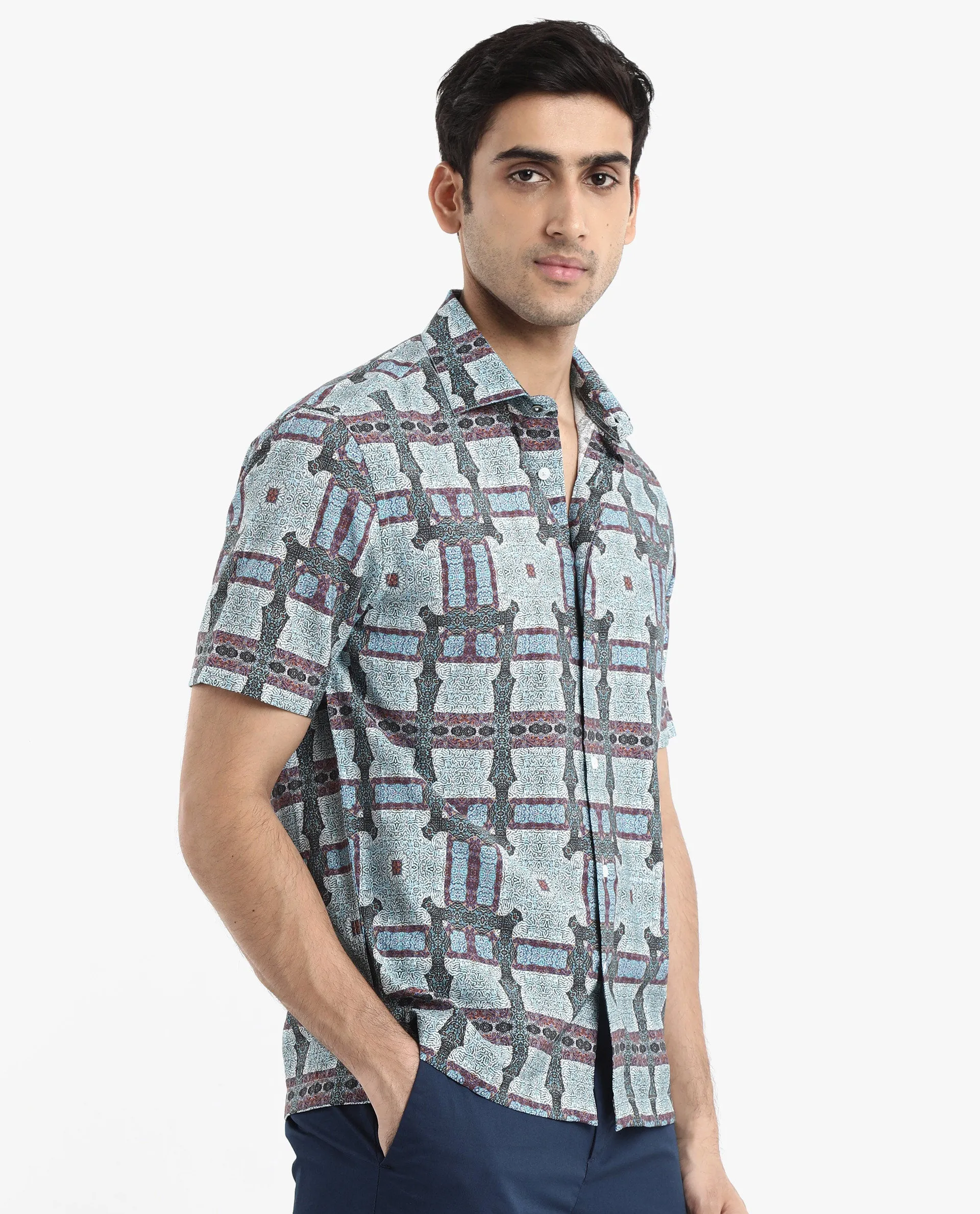 Rare Rabbit Men's Masko Blue Viscose Nylon Fabric Short Sleeve Boxy Fit Abstract Print Shirt