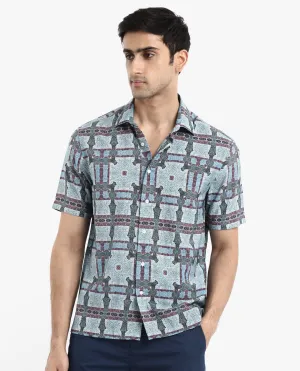 Rare Rabbit Men's Masko Blue Viscose Nylon Fabric Short Sleeve Boxy Fit Abstract Print Shirt