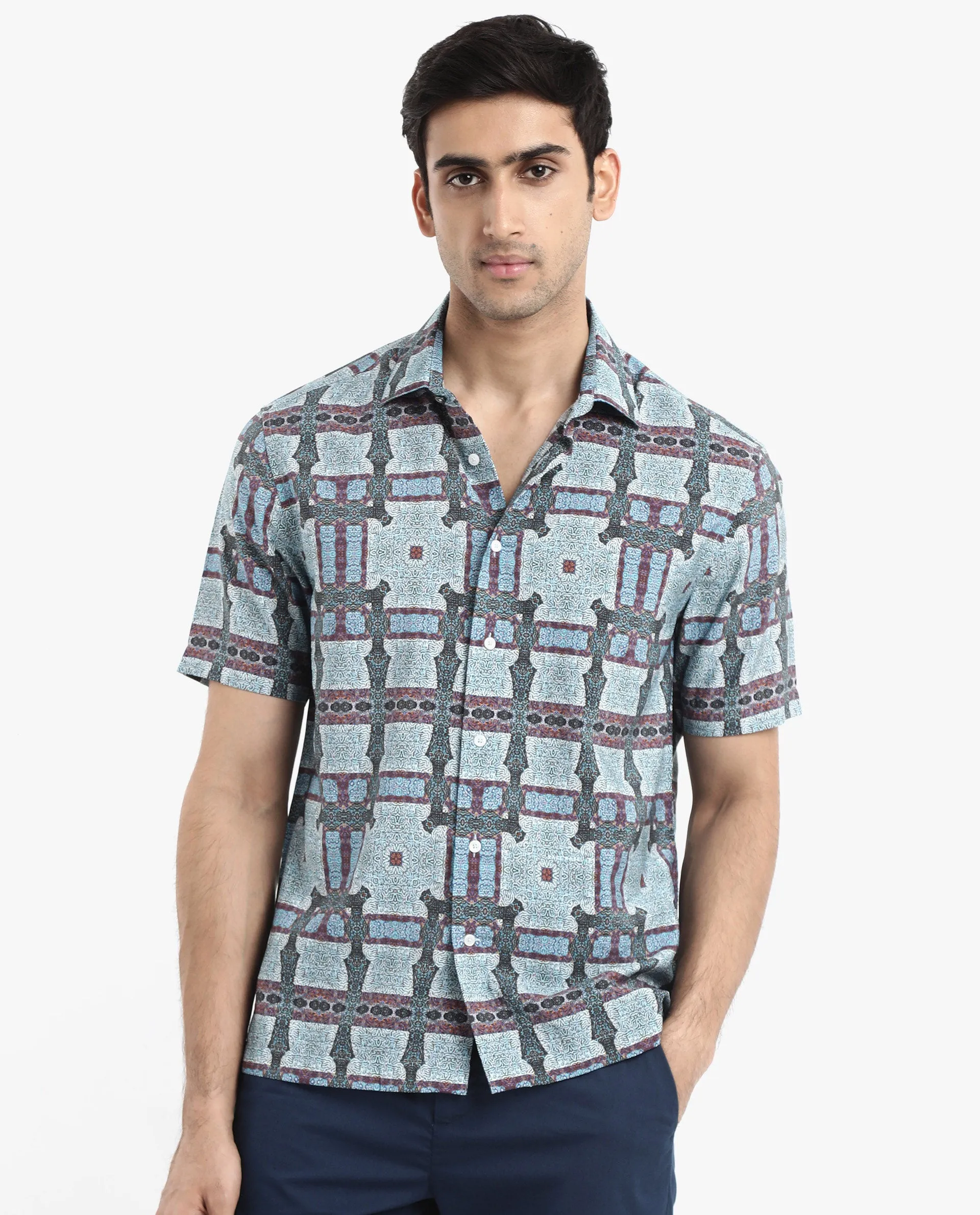 Rare Rabbit Men's Masko Blue Viscose Nylon Fabric Short Sleeve Boxy Fit Abstract Print Shirt