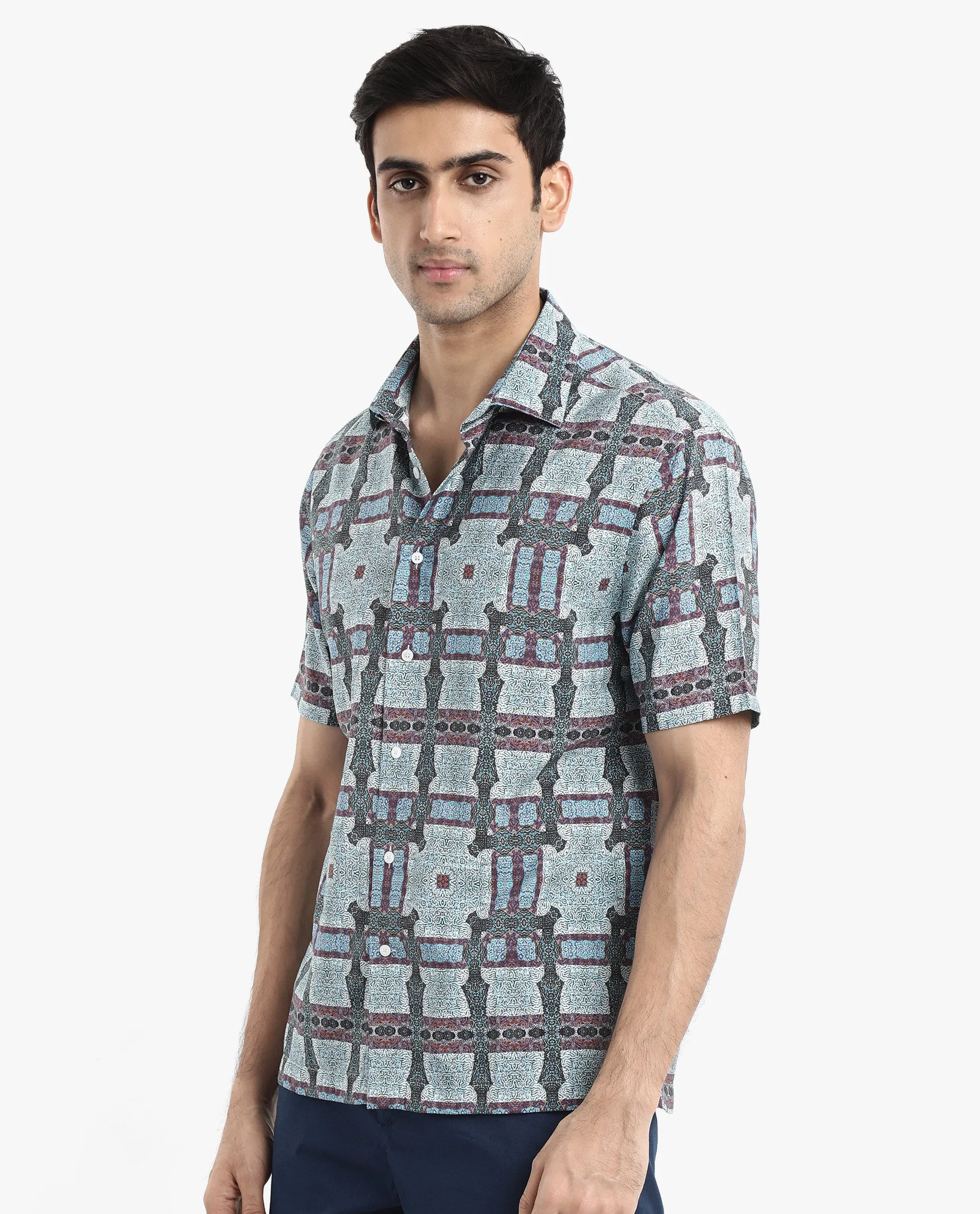 Rare Rabbit Men's Masko Blue Viscose Nylon Fabric Short Sleeve Boxy Fit Abstract Print Shirt