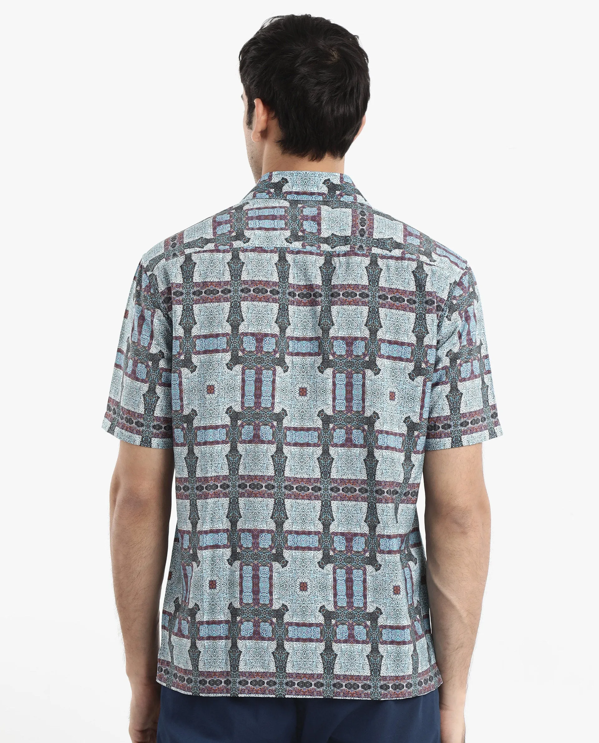 Rare Rabbit Men's Masko Blue Viscose Nylon Fabric Short Sleeve Boxy Fit Abstract Print Shirt