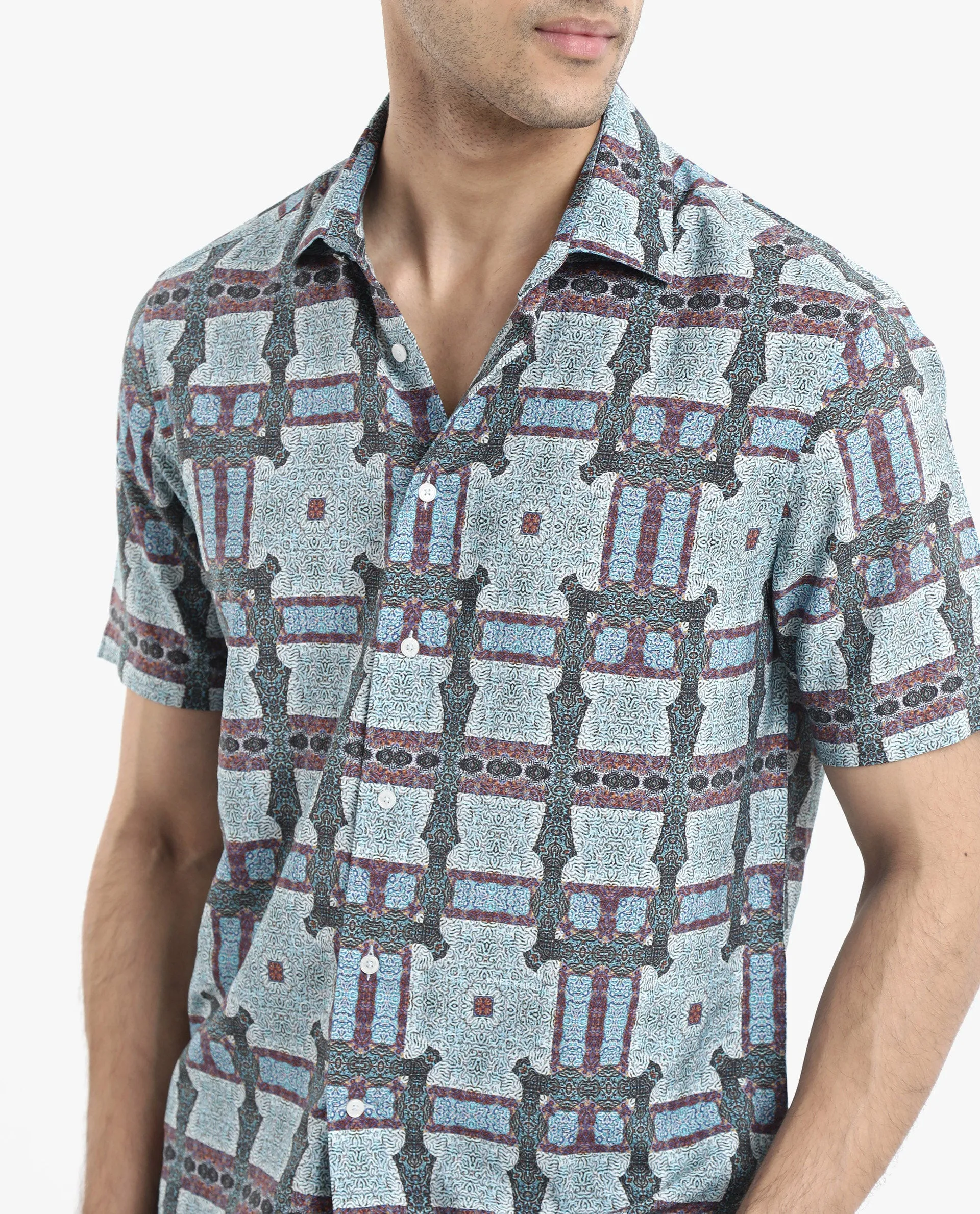 Rare Rabbit Men's Masko Blue Viscose Nylon Fabric Short Sleeve Boxy Fit Abstract Print Shirt