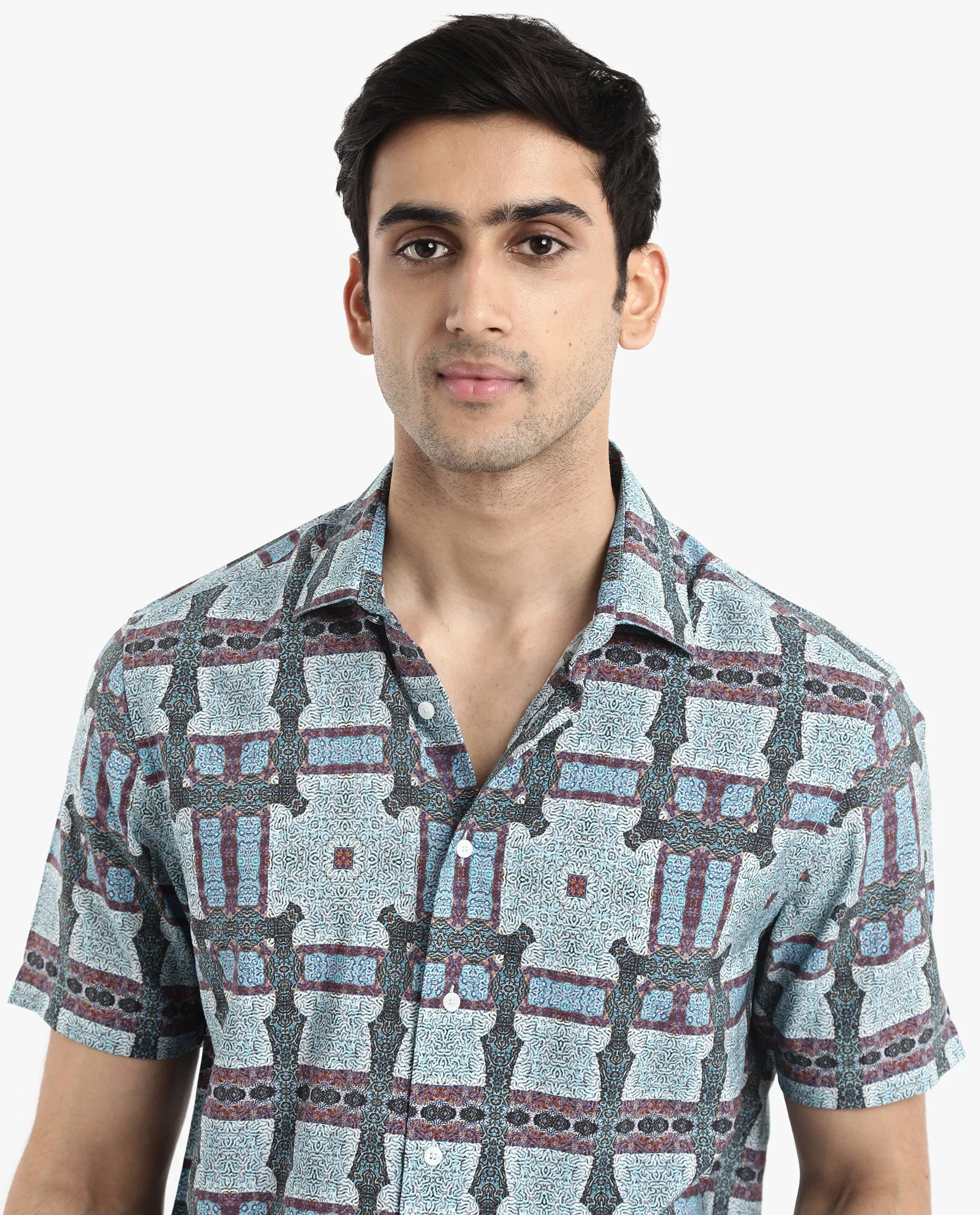 Rare Rabbit Men's Masko Blue Viscose Nylon Fabric Short Sleeve Boxy Fit Abstract Print Shirt