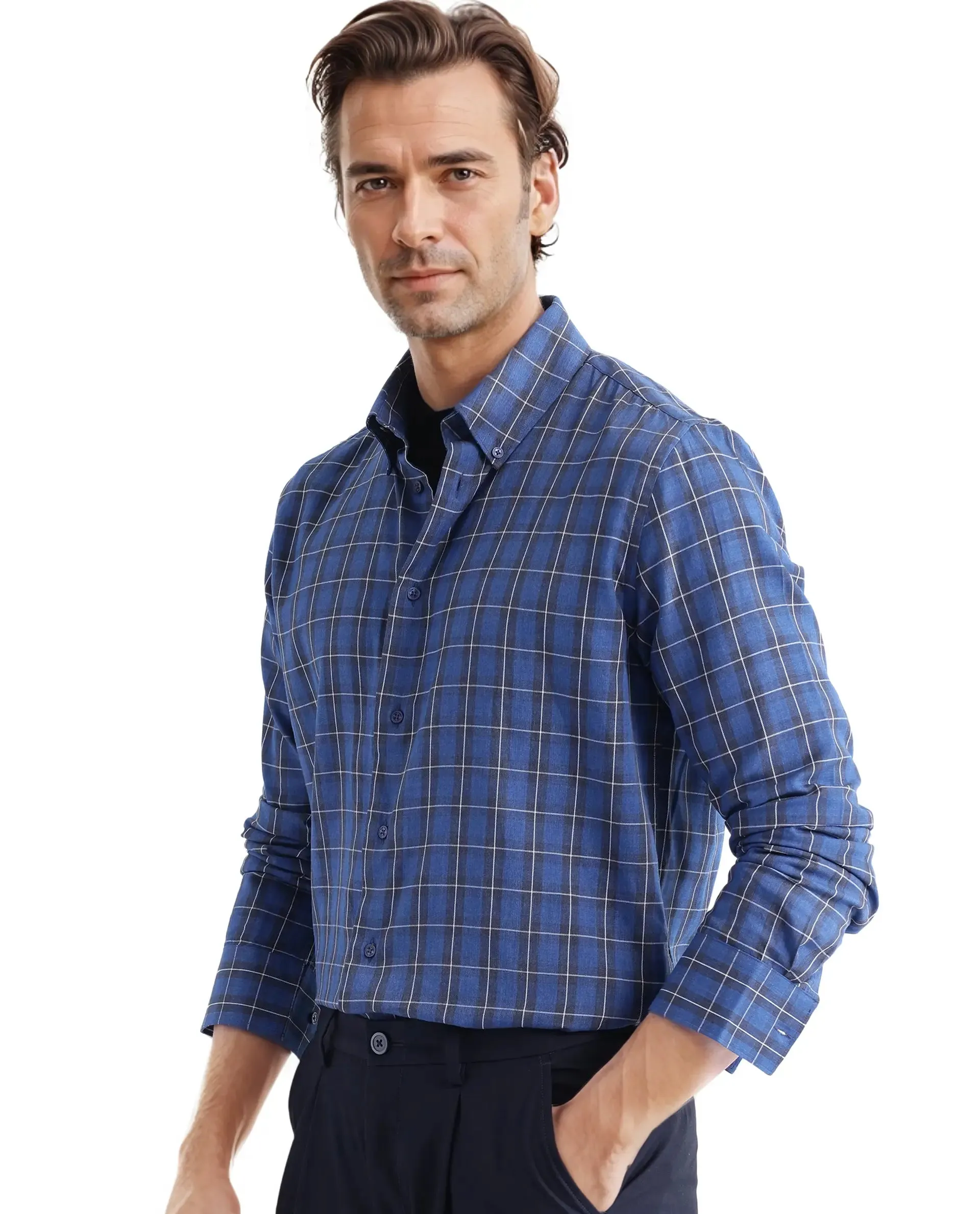 Rare Rabbit Men's Zary Dark Blue Cotton Fabric Full Sleeve Regular Fit Checks Shirt