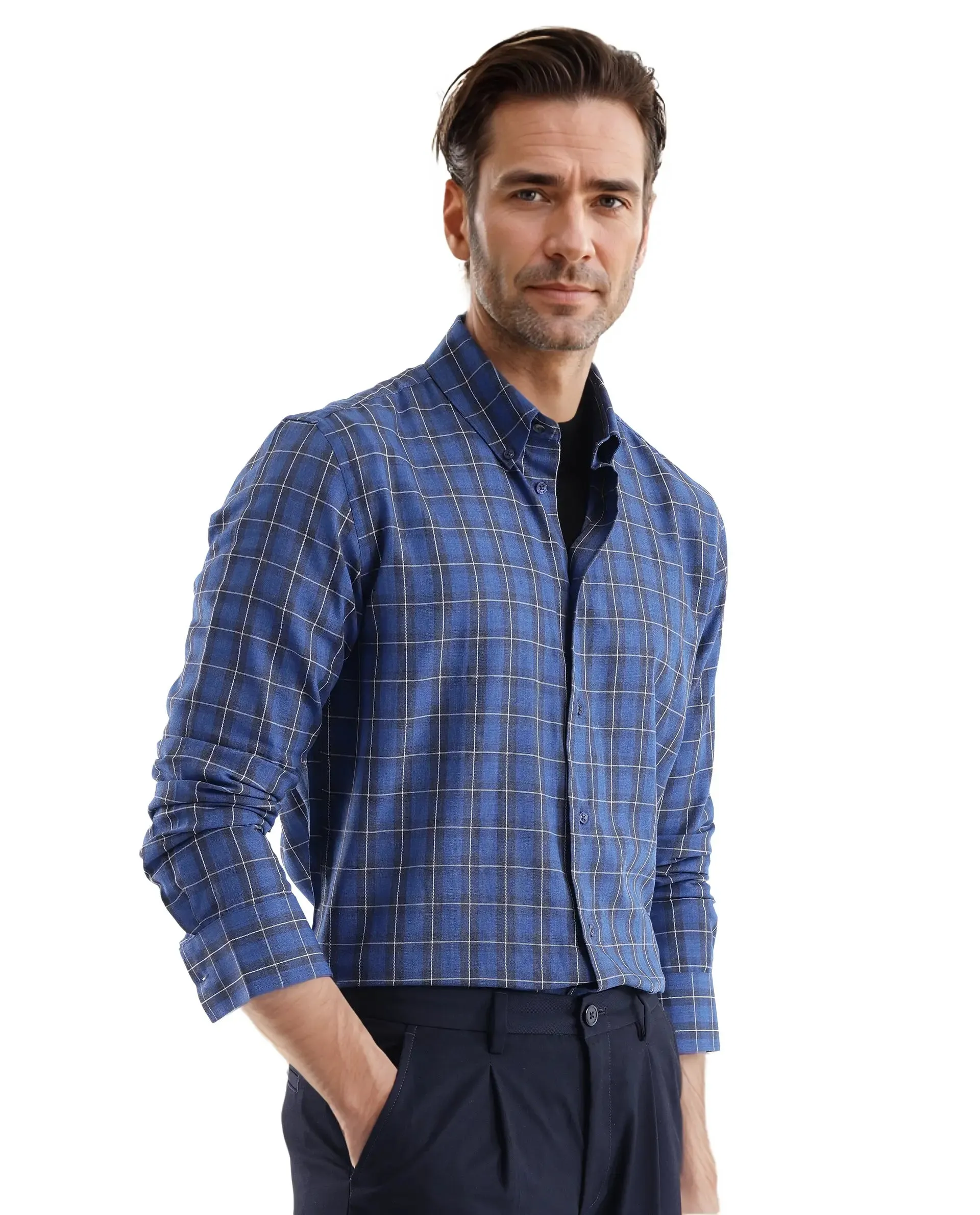 Rare Rabbit Men's Zary Dark Blue Cotton Fabric Full Sleeve Regular Fit Checks Shirt