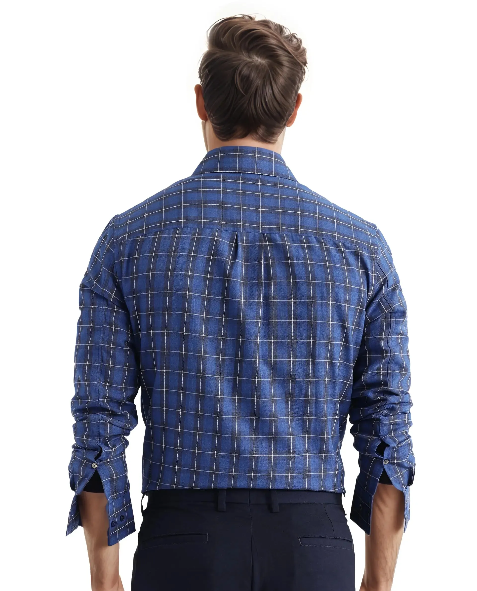 Rare Rabbit Men's Zary Dark Blue Cotton Fabric Full Sleeve Regular Fit Checks Shirt