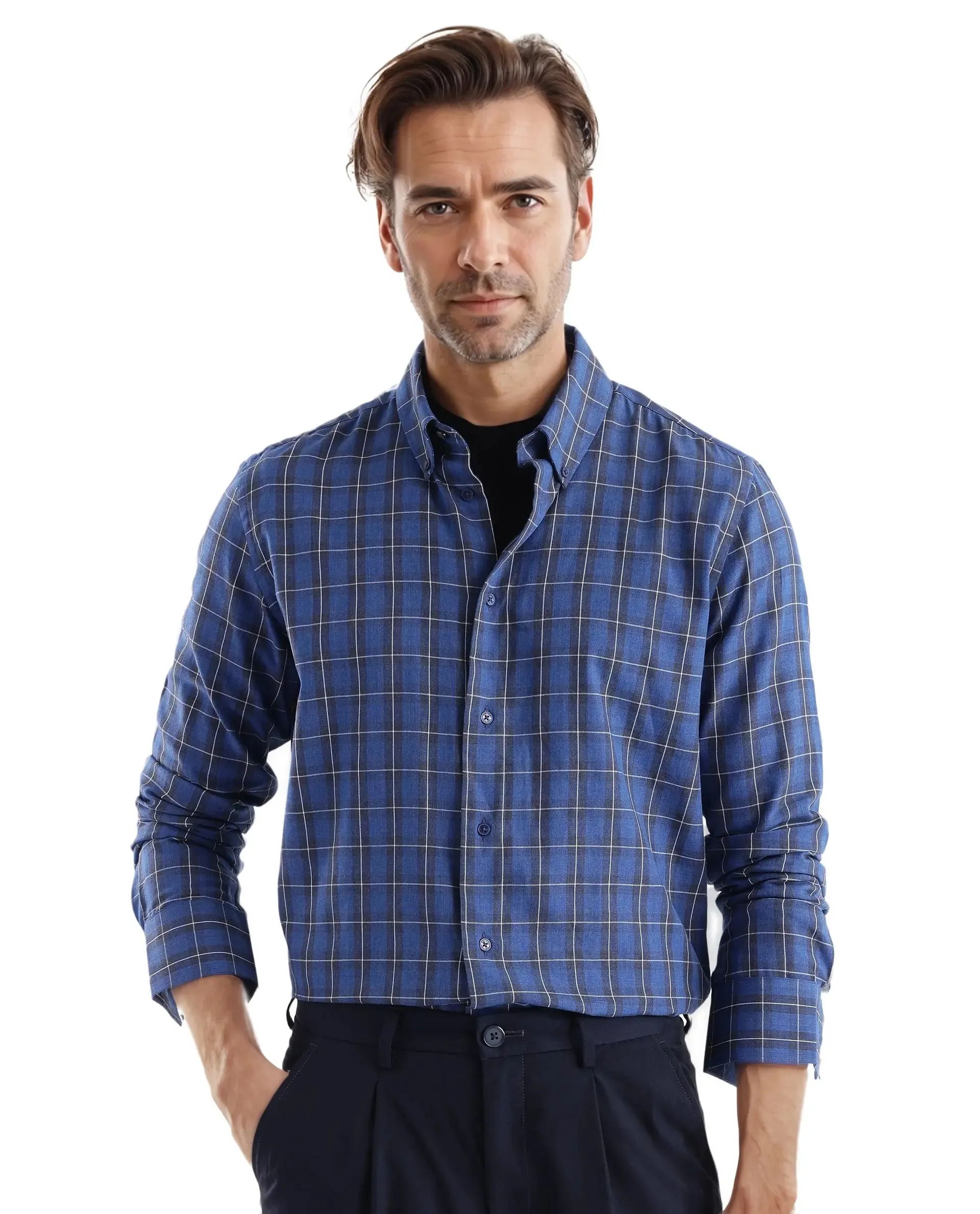 Rare Rabbit Men's Zary Dark Blue Cotton Fabric Full Sleeve Regular Fit Checks Shirt