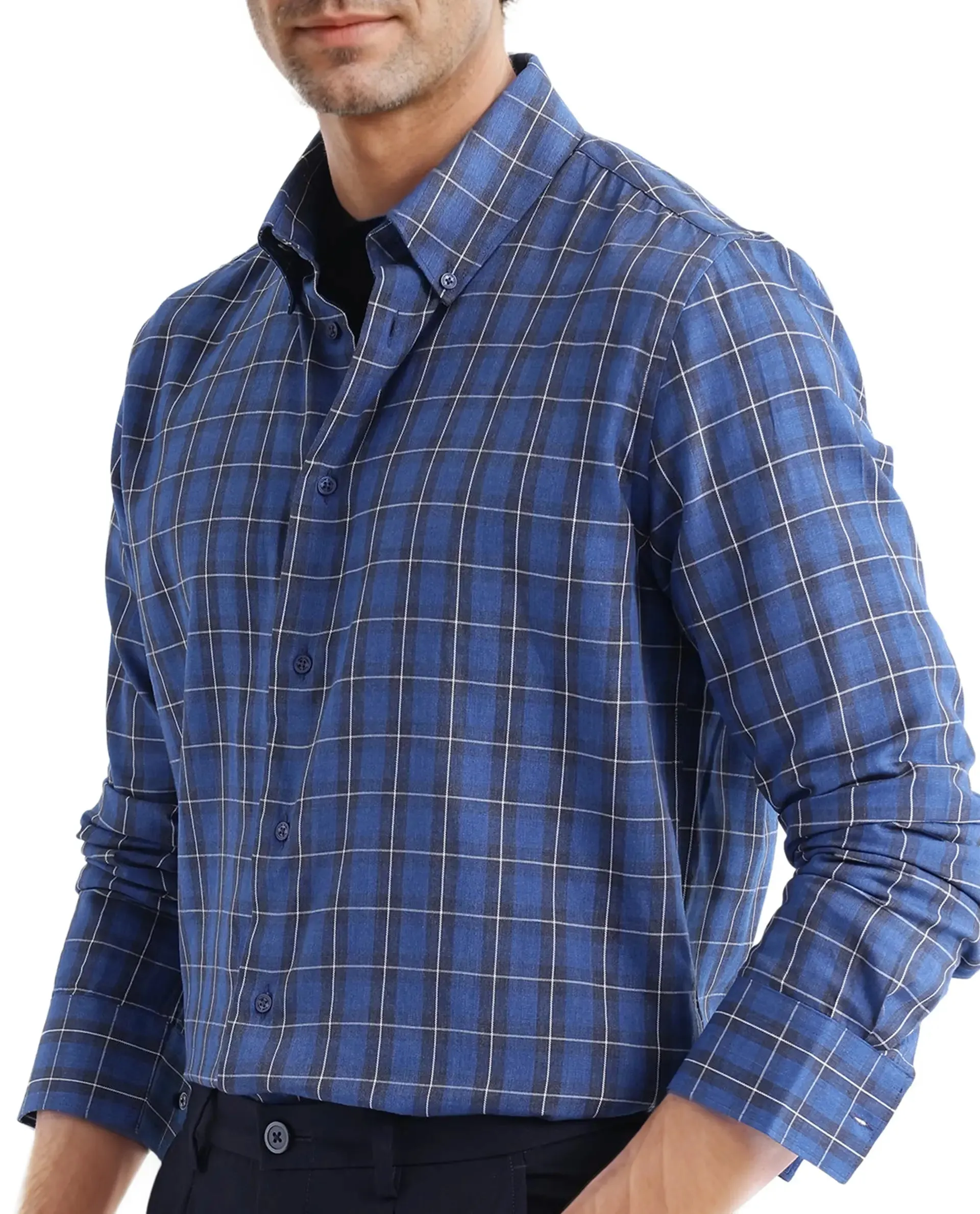 Rare Rabbit Men's Zary Dark Blue Cotton Fabric Full Sleeve Regular Fit Checks Shirt