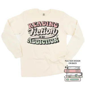 Reading Fiction is My Addiction on Front w/ Books on Back - LONG SLEEVE COMFORT COLORS TEE