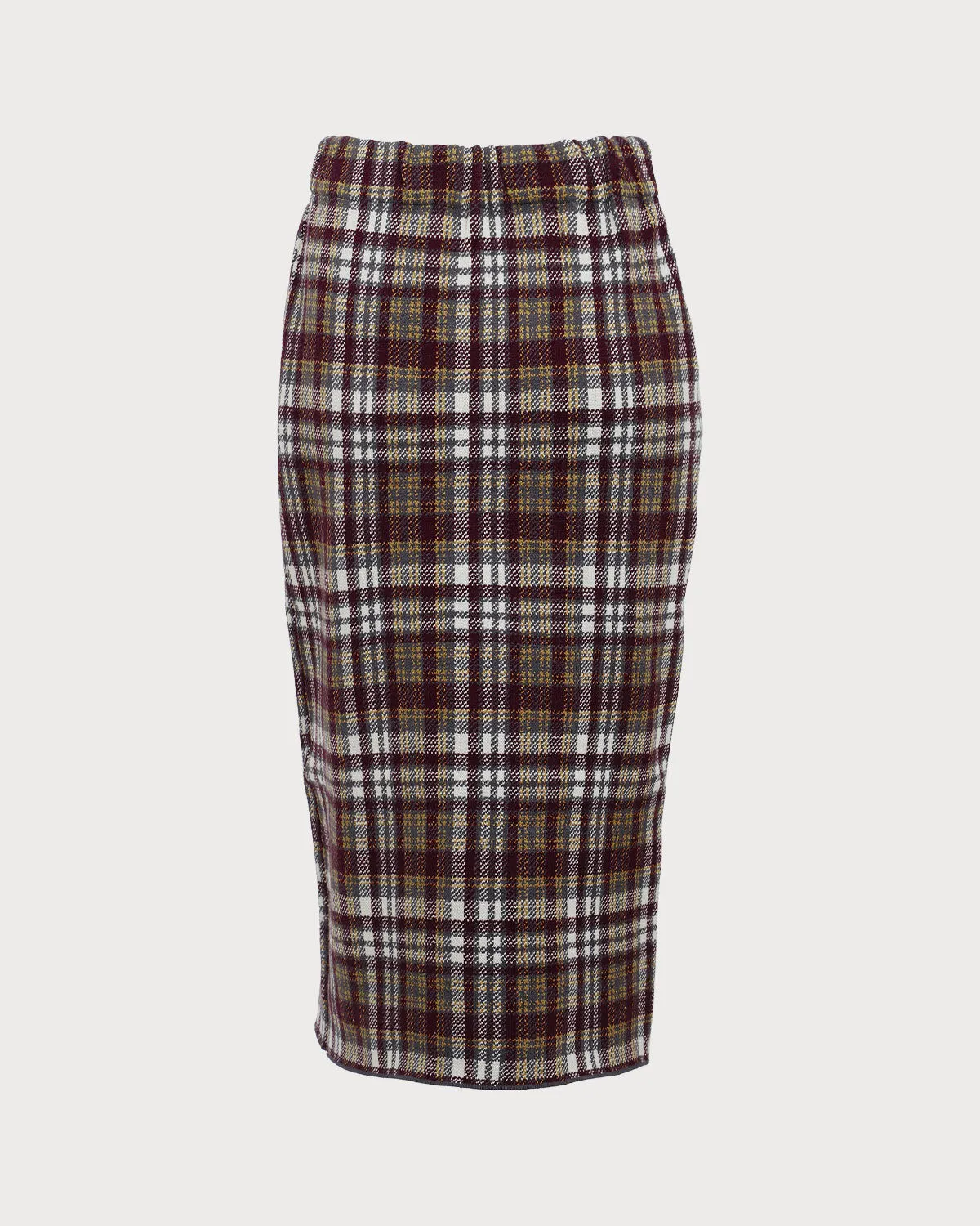 Red Plaid Elastic Waist Straight Midi Skirt