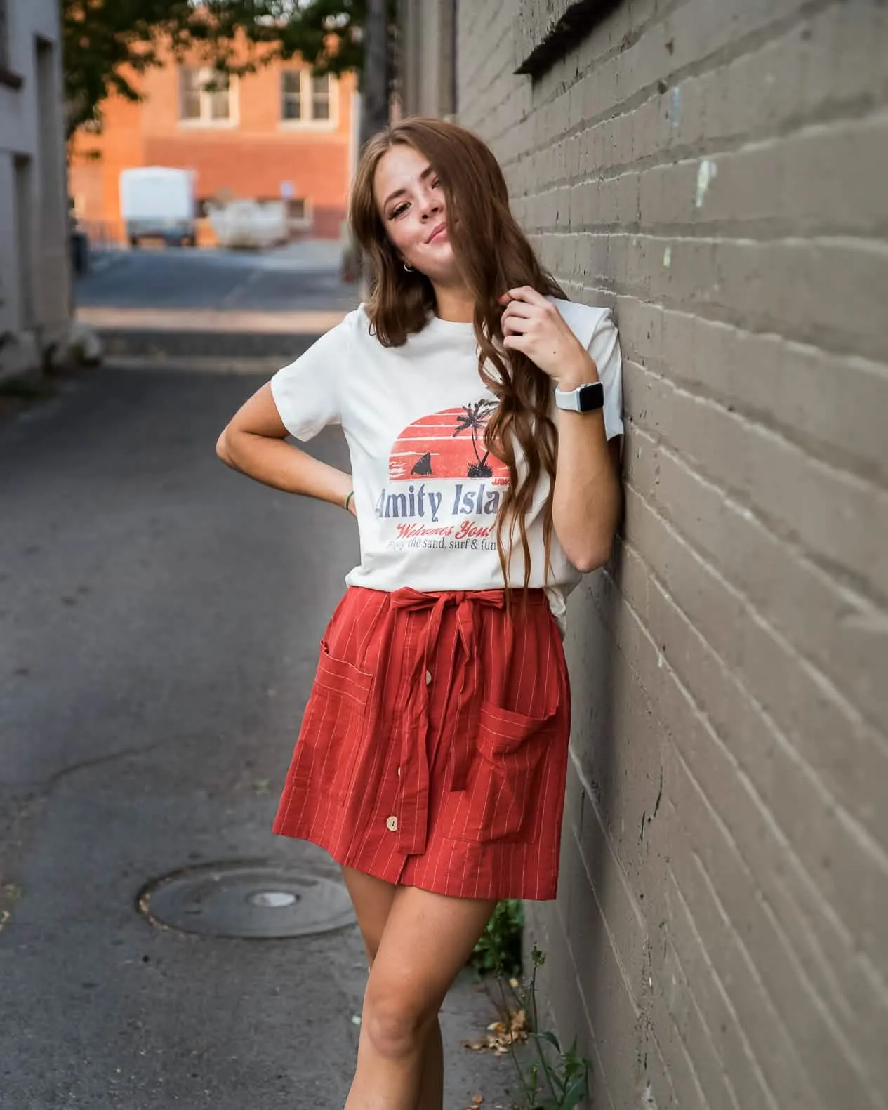 Rustic Burnt Orange Striped Woven Skirt with Natural Coconut Buttons and Coordinating Belt