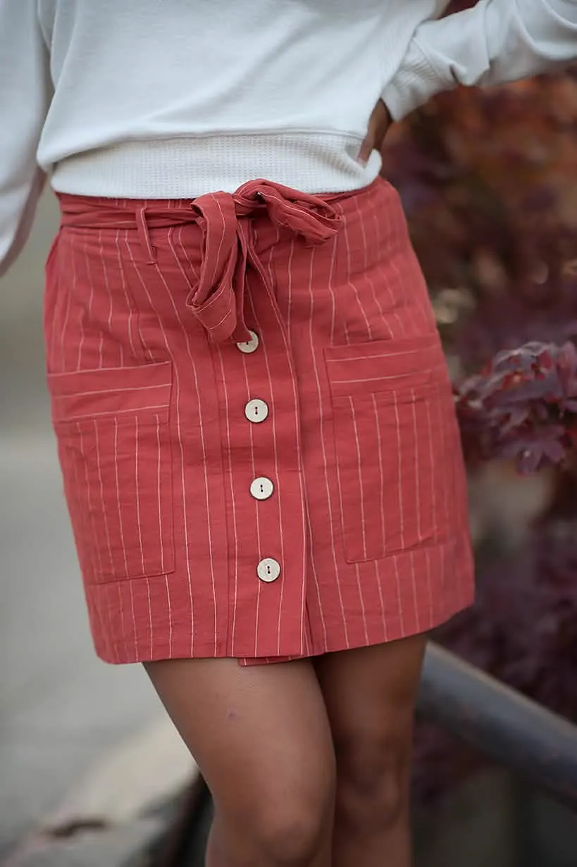 Rustic Burnt Orange Striped Woven Skirt with Natural Coconut Buttons and Coordinating Belt