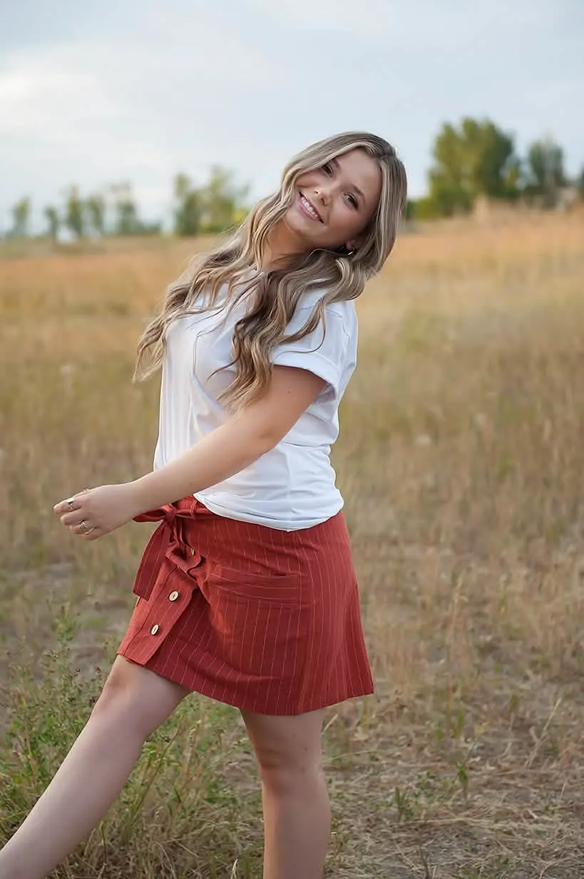 Rustic Burnt Orange Striped Woven Skirt with Natural Coconut Buttons and Coordinating Belt