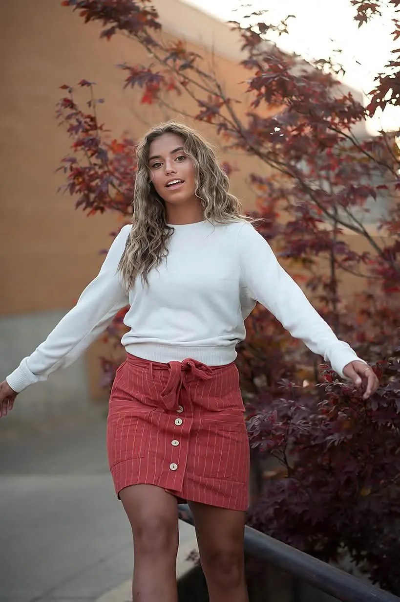 Rustic Burnt Orange Striped Woven Skirt with Natural Coconut Buttons and Coordinating Belt