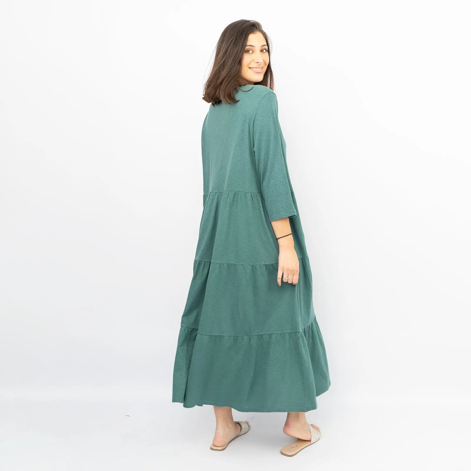 Seasalt Strokes Evergreen Cotton Jersey 3/4 Sleeves Tiered Long Maxi Dresses