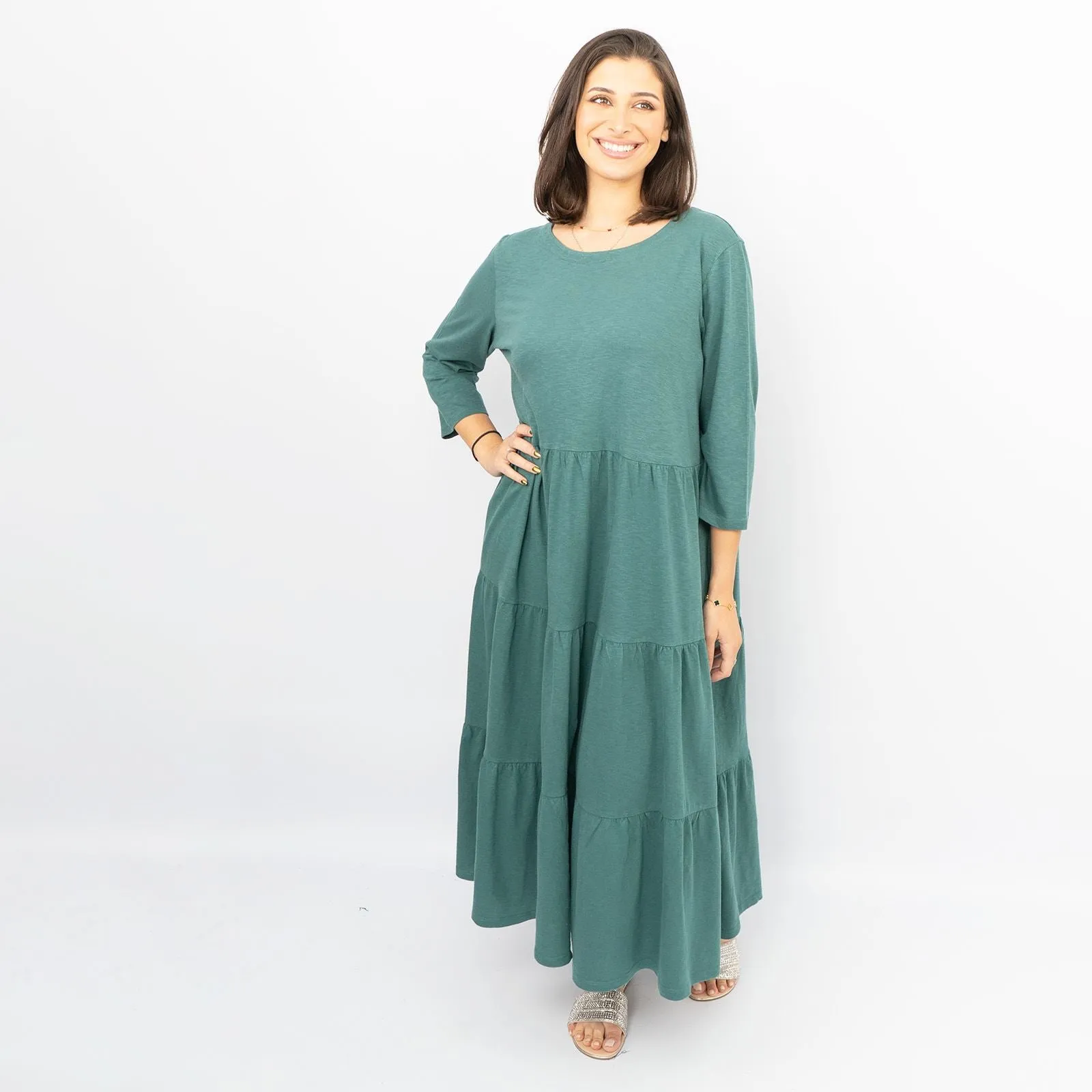 Seasalt Strokes Evergreen Cotton Jersey 3/4 Sleeves Tiered Long Maxi Dresses