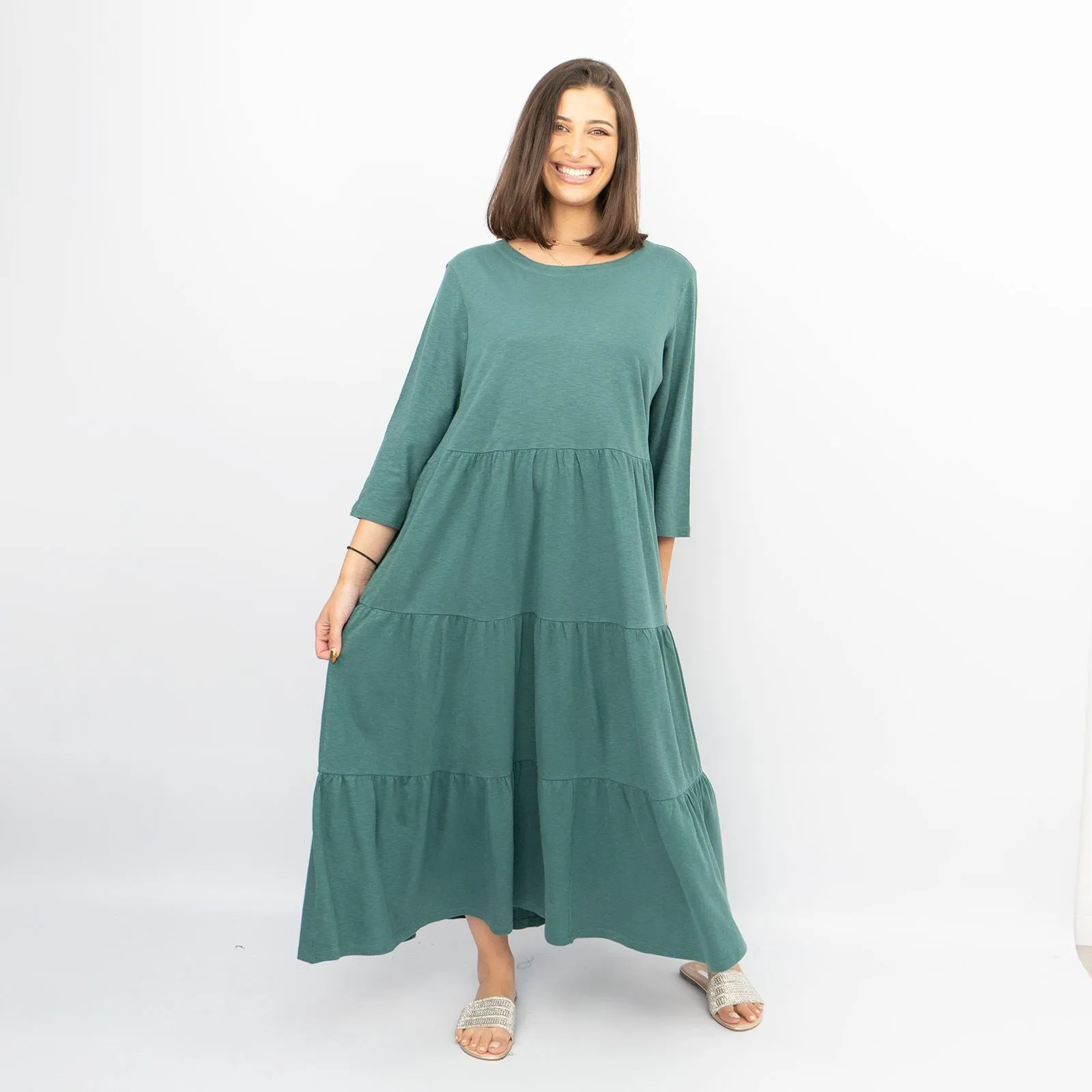 Seasalt Strokes Evergreen Cotton Jersey 3/4 Sleeves Tiered Long Maxi Dresses