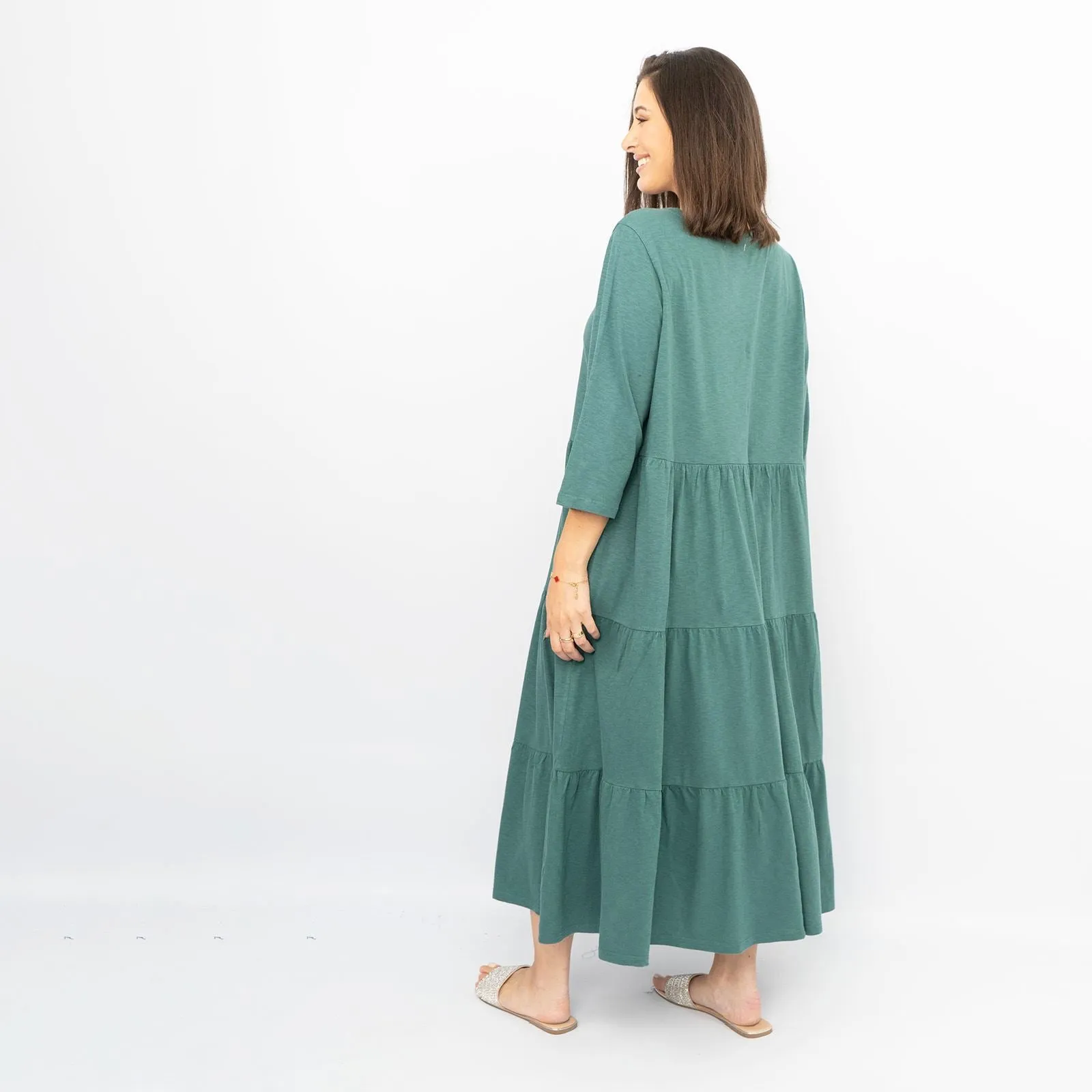 Seasalt Strokes Evergreen Cotton Jersey 3/4 Sleeves Tiered Long Maxi Dresses