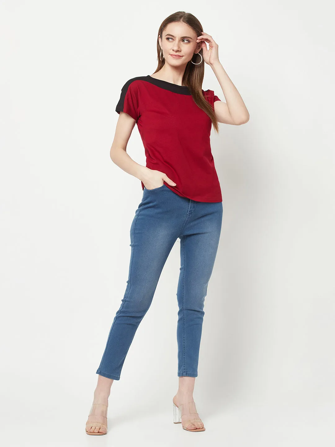 Sleek Women's Red Boat Neck T-shirt