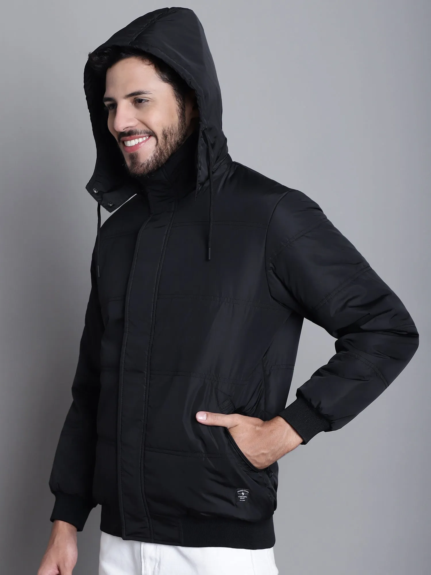 Solid Black Full Sleeves Hooded Neck Regular Fit Casual Jacket For Mens