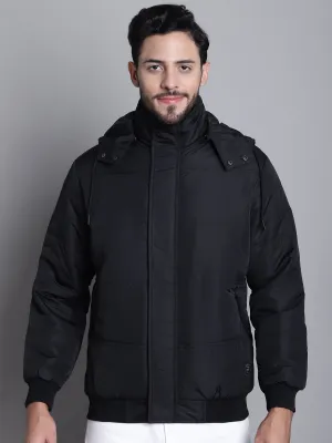 Solid Black Full Sleeves Hooded Neck Regular Fit Casual Jacket For Mens