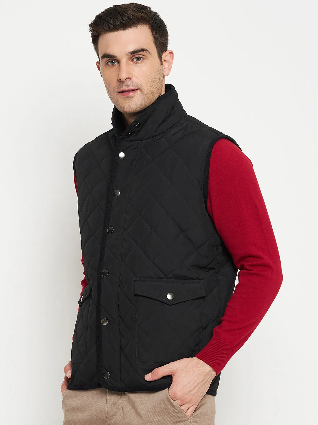 Solid Black Sleeveless Mock Collar Regular Fit Men Casual Jacket