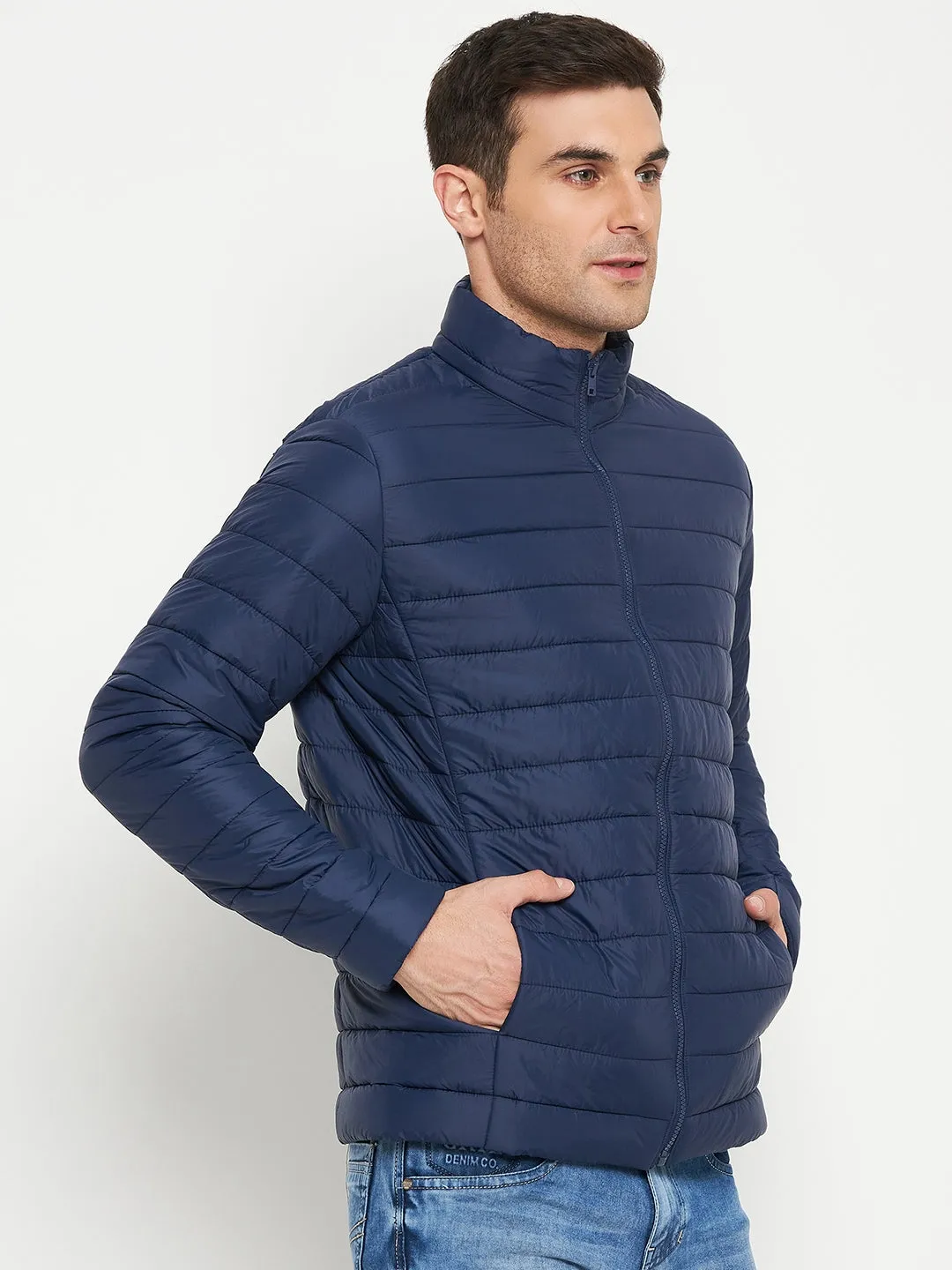 Solid Blue Full Sleeves Mock Collar Regular Fit Casual Jacket for Men