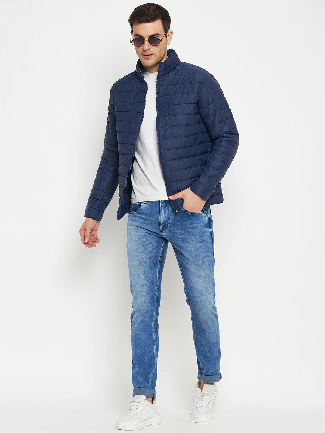 Solid Blue Full Sleeves Mock Collar Regular Fit Casual Jacket for Men