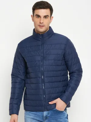 Solid Blue Full Sleeves Mock Collar Regular Fit Casual Jacket for Men