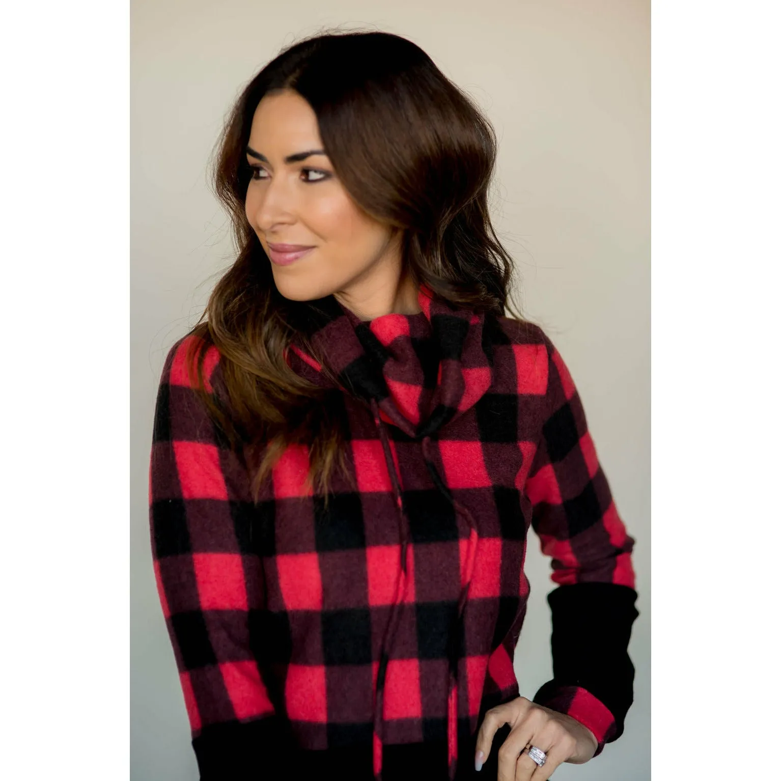 Solid Bottom Buffalo Check Cowl Neck