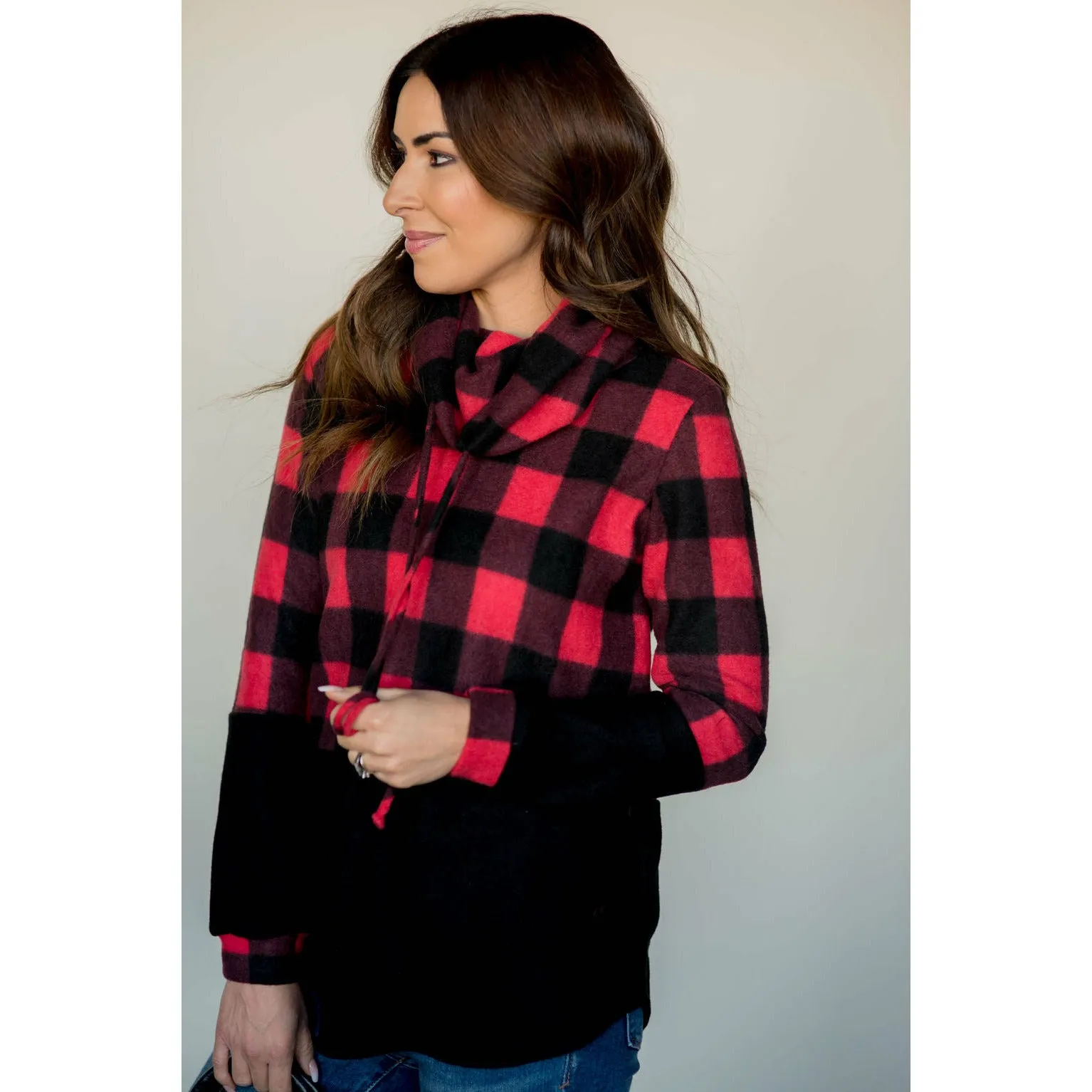 Solid Bottom Buffalo Check Cowl Neck