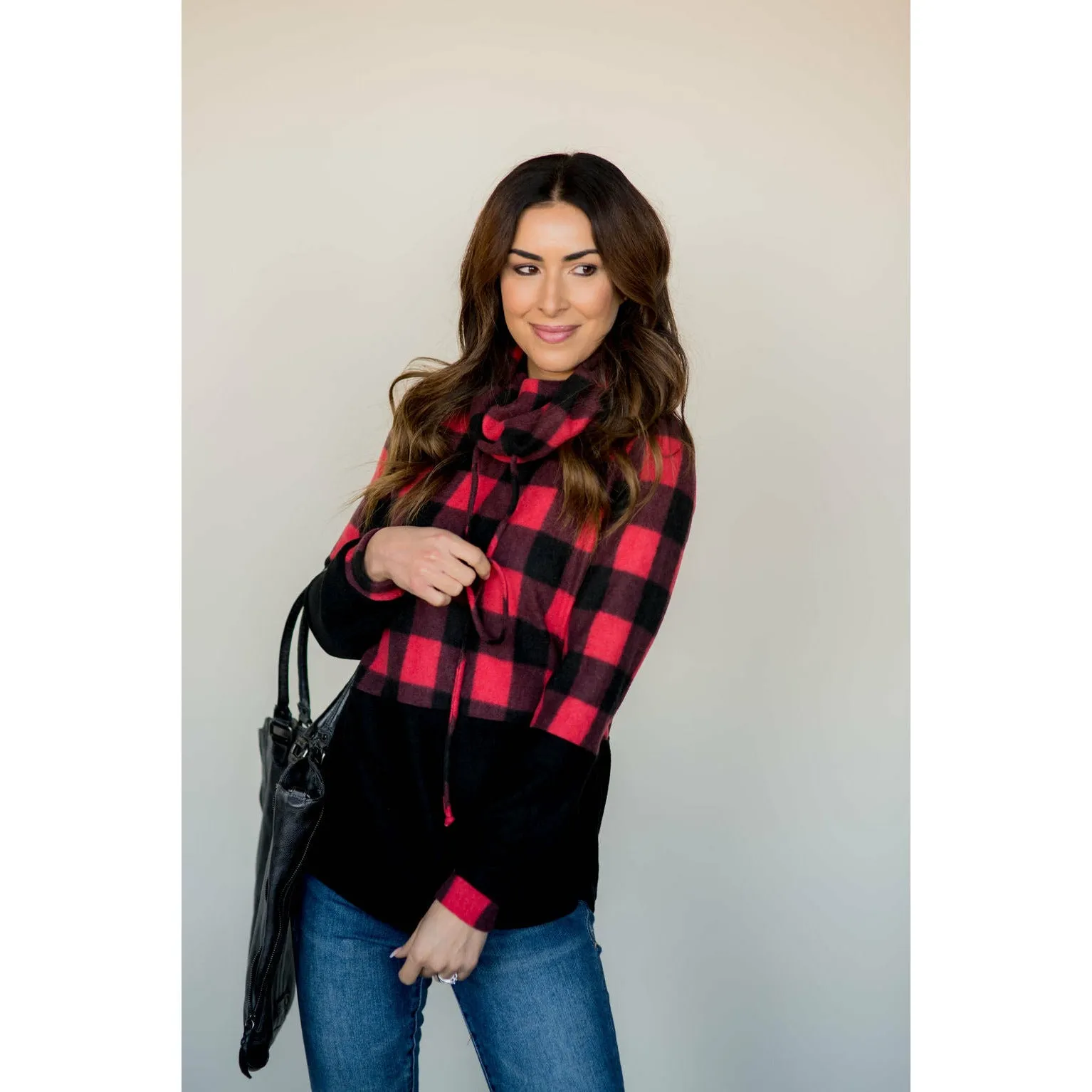 Solid Bottom Buffalo Check Cowl Neck