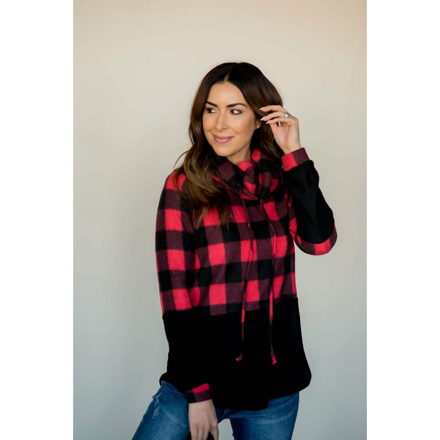 Solid Bottom Buffalo Check Cowl Neck