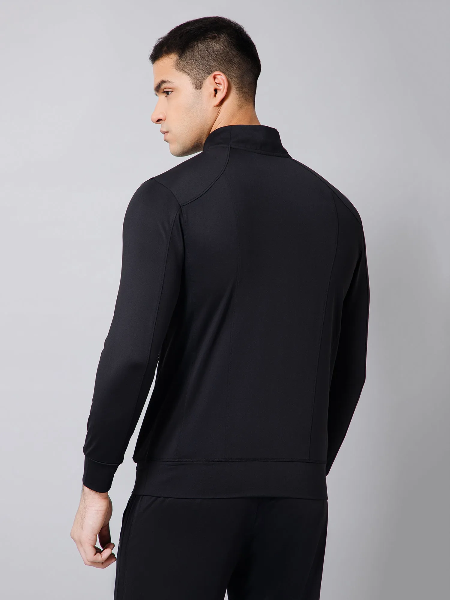 Solid Full Sleeves Mock Collar Regular Fit Full Zipper Front Men Black Active Wear Jacket