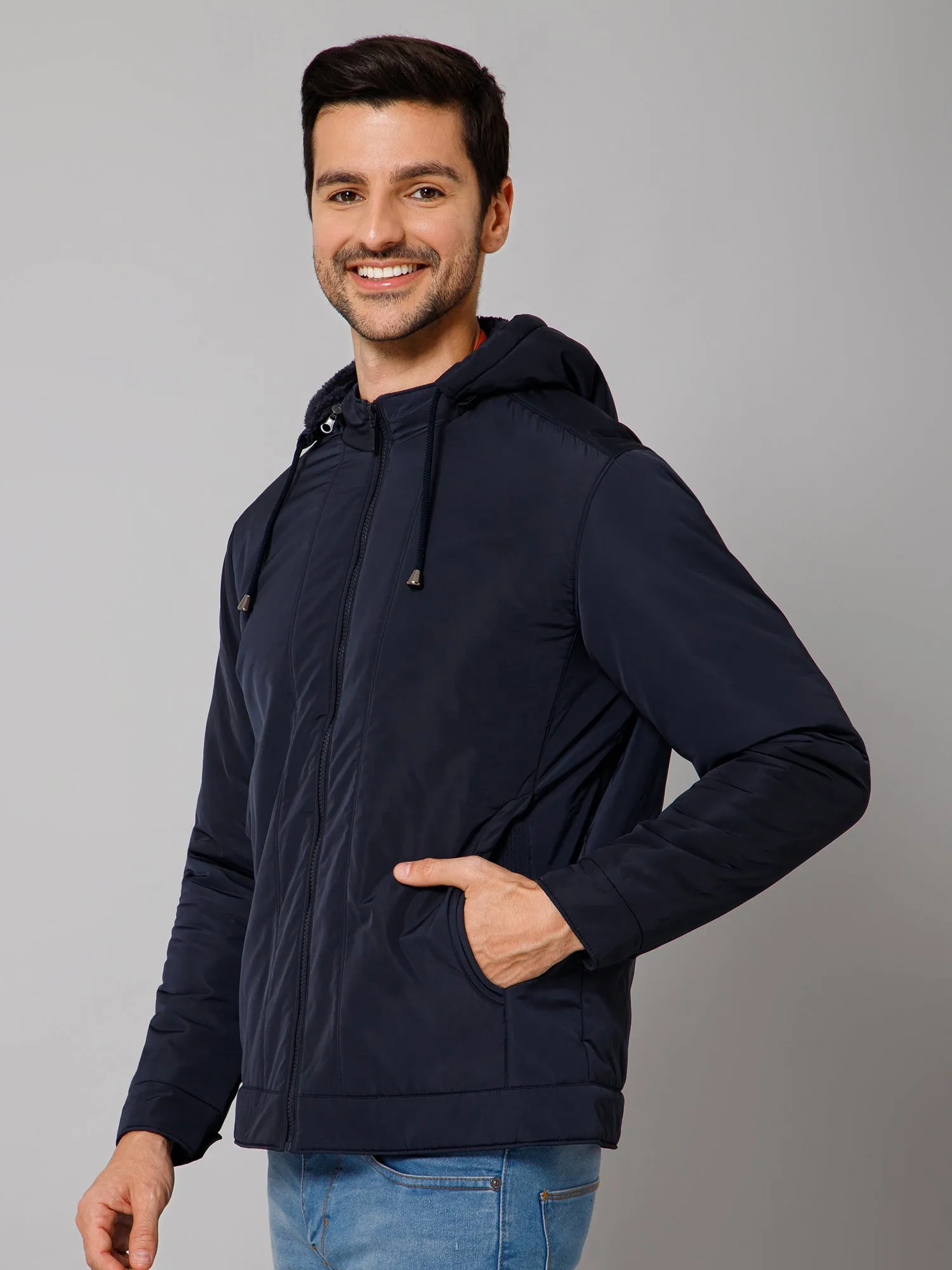 Solid Navy Blue Full Sleeves Hooded Neck Regular Fit Casual Jacket for Men