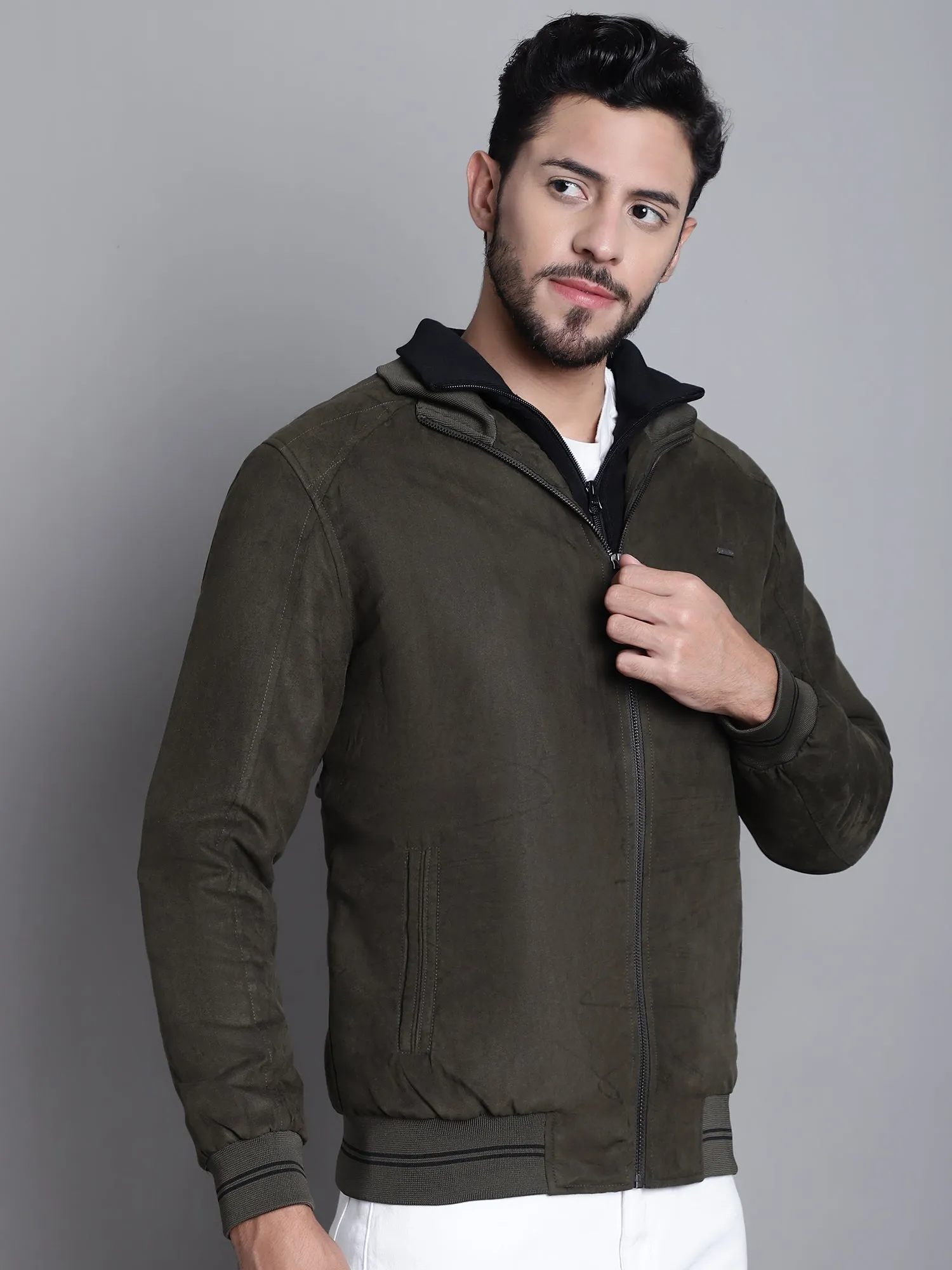 Solid Olive Full Sleeves Mock Collar Regular Fit Casual Jacket for Mens