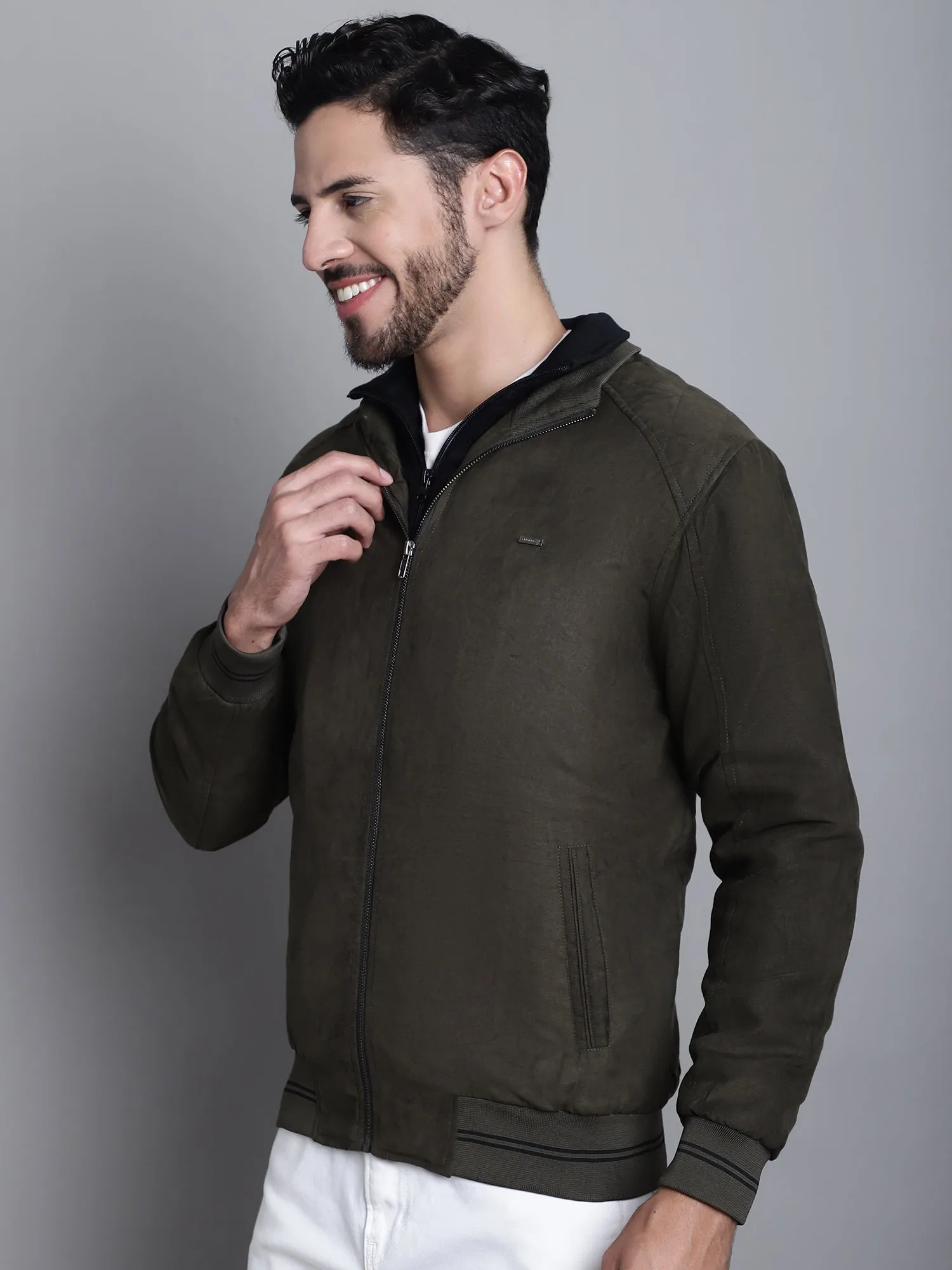 Solid Olive Full Sleeves Mock Collar Regular Fit Casual Jacket for Mens