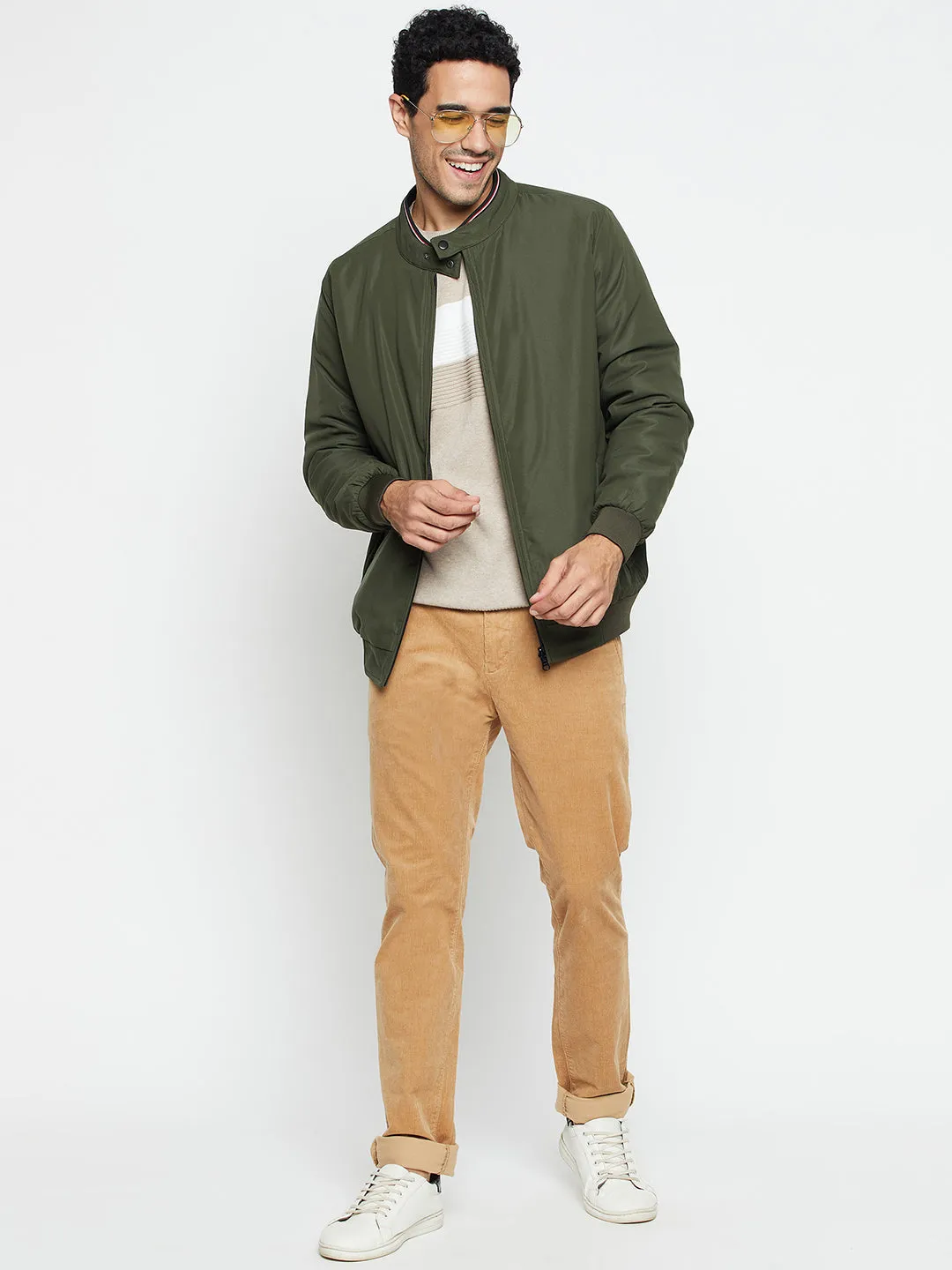 Solid Olive Full Sleeves Mock Collar Regular Fit Reversible Casual Jacket for Men