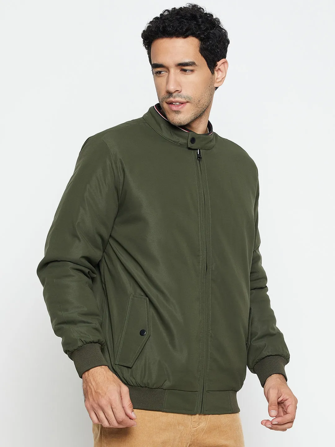 Solid Olive Full Sleeves Mock Collar Regular Fit Reversible Casual Jacket for Men