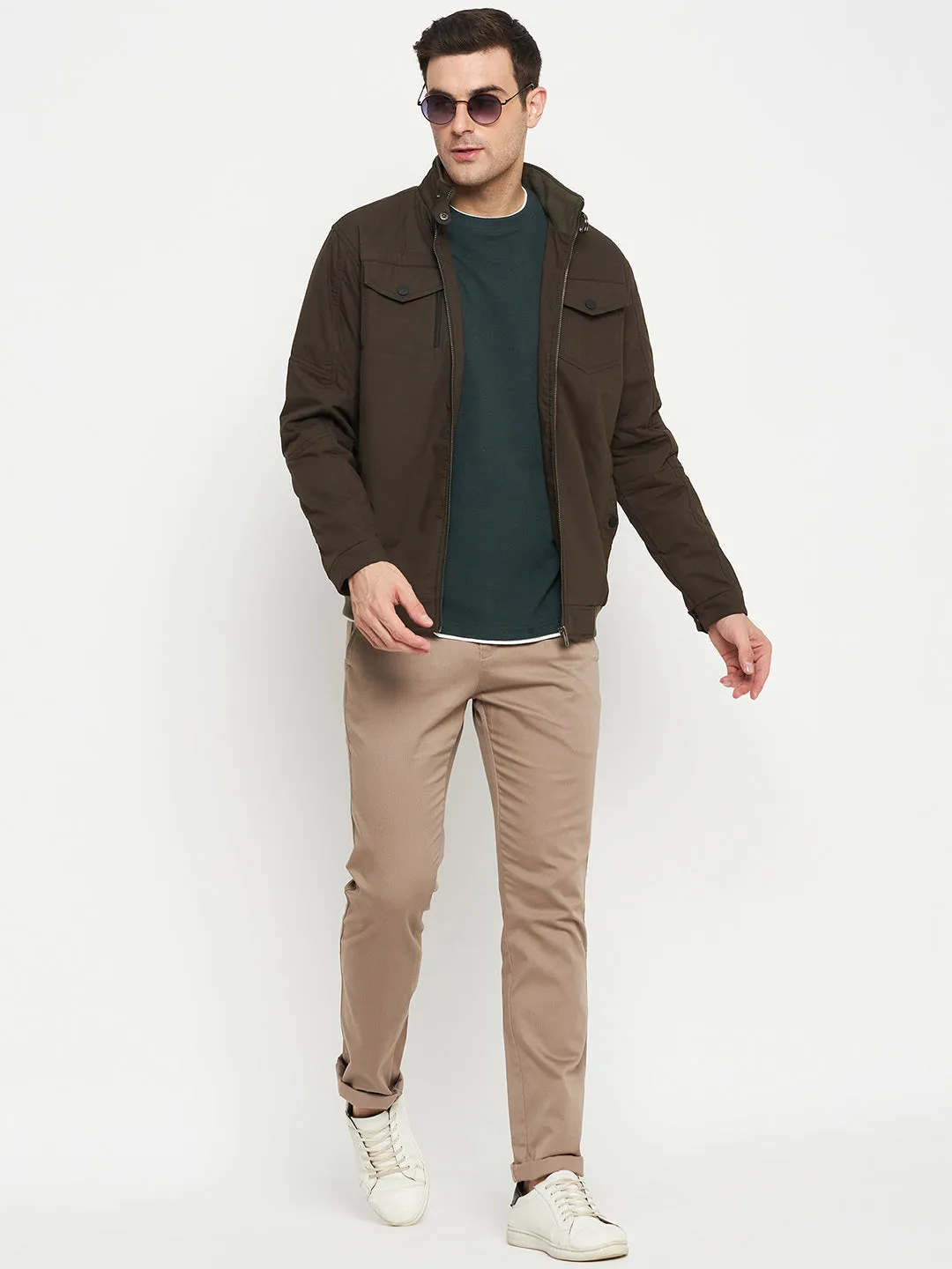 Solid Olive Green Full Sleeves Mock Collar Regular Fit Casual Jacket for Men