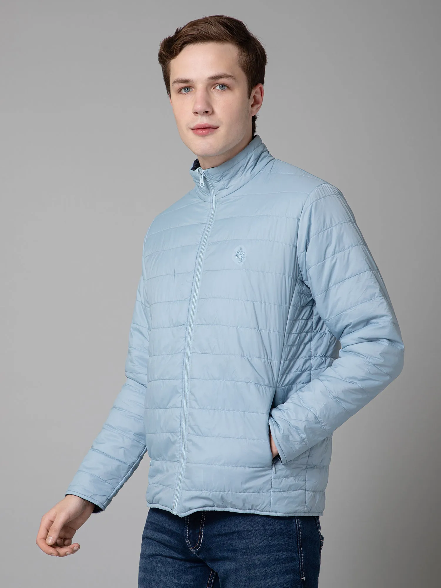 Solid Sky Blue Full Sleeves Mock Collar Regular Fit Reversible Puffer Jacket for Men