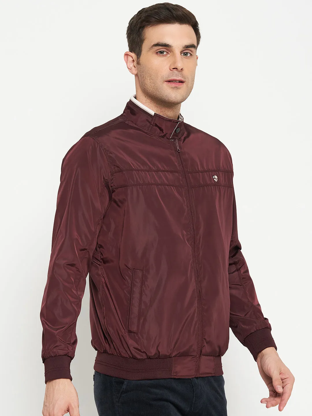 Solid Wine Full Sleeves Mock Collar Regular Fit Reversible Casual Jacket for Men