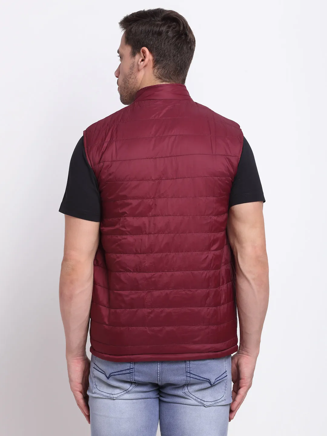 Solid Wine Sleeveless Mock Collar Regular Fit Reversible Casual Jacket For Men