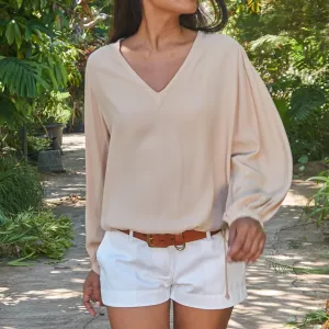 TEE V LONG SLEEVE TOP - Rayon Fujette Crepe | Beige