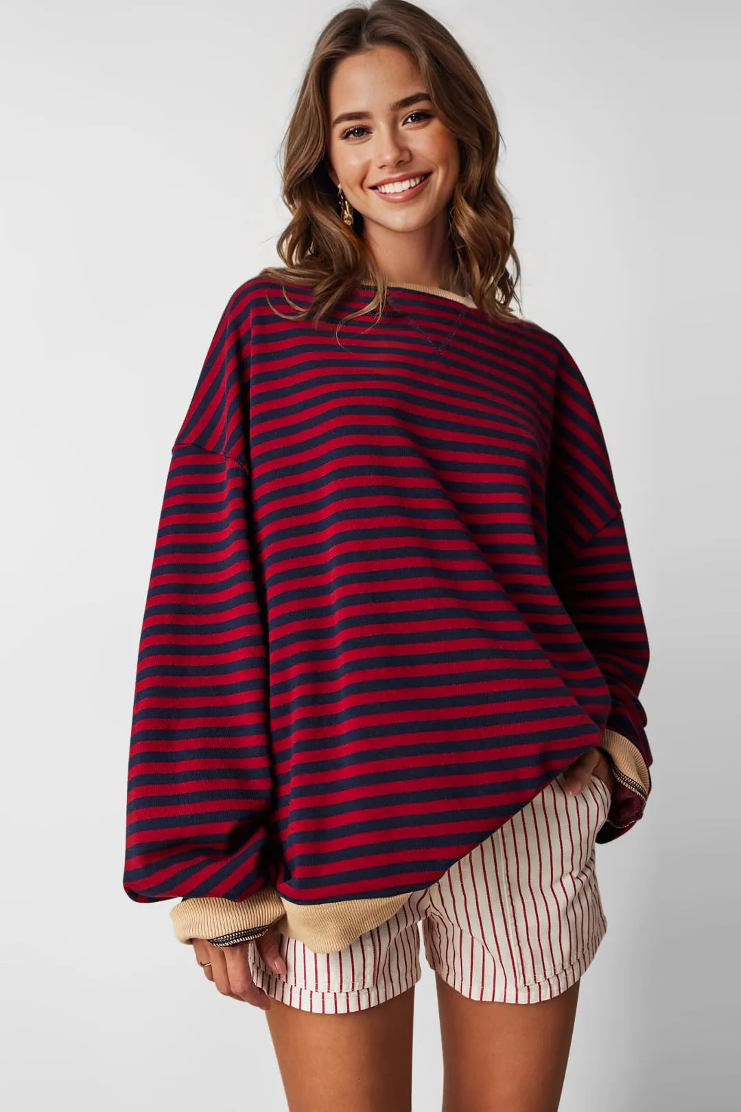 UEU Womens Oversized Striped Pullover Long Sleeve Crew Neck Sweatshirts for Fall Red Navy Striped Large