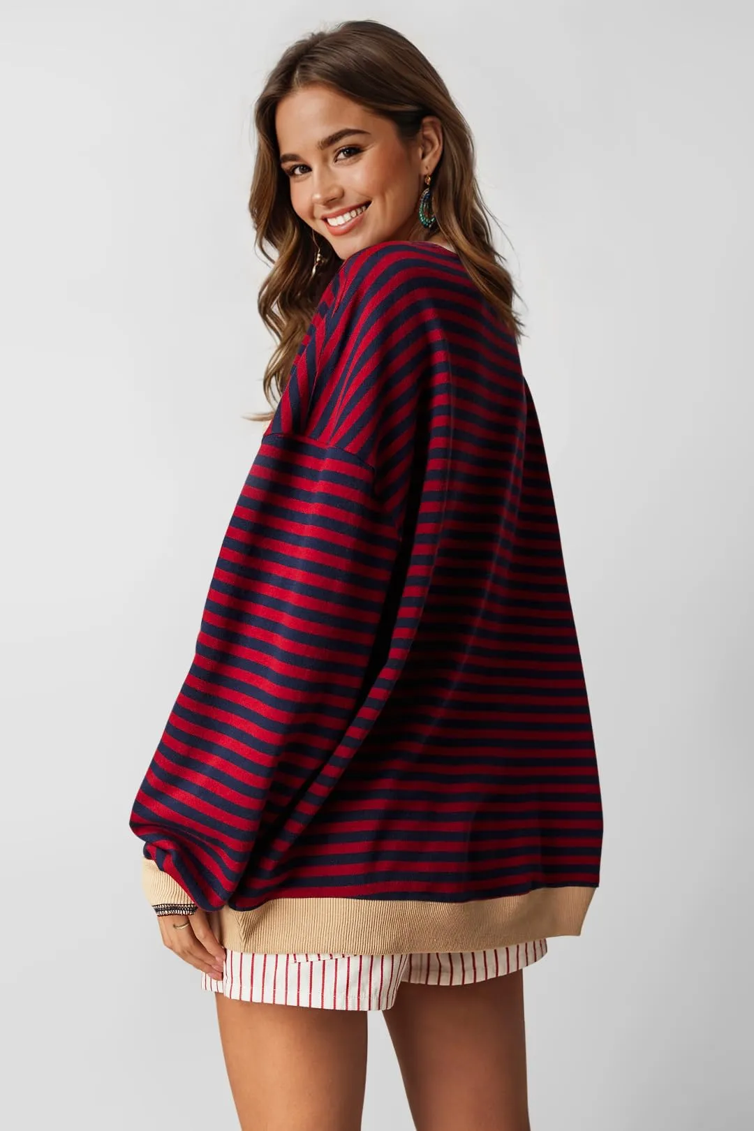 UEU Womens Oversized Striped Pullover Long Sleeve Crew Neck Sweatshirts for Fall Red Navy Striped Large