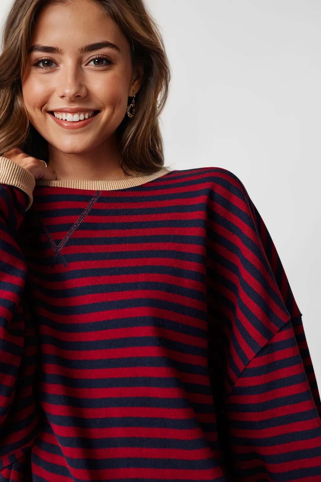 UEU Womens Oversized Striped Pullover Long Sleeve Crew Neck Sweatshirts for Fall Red Navy Striped Large