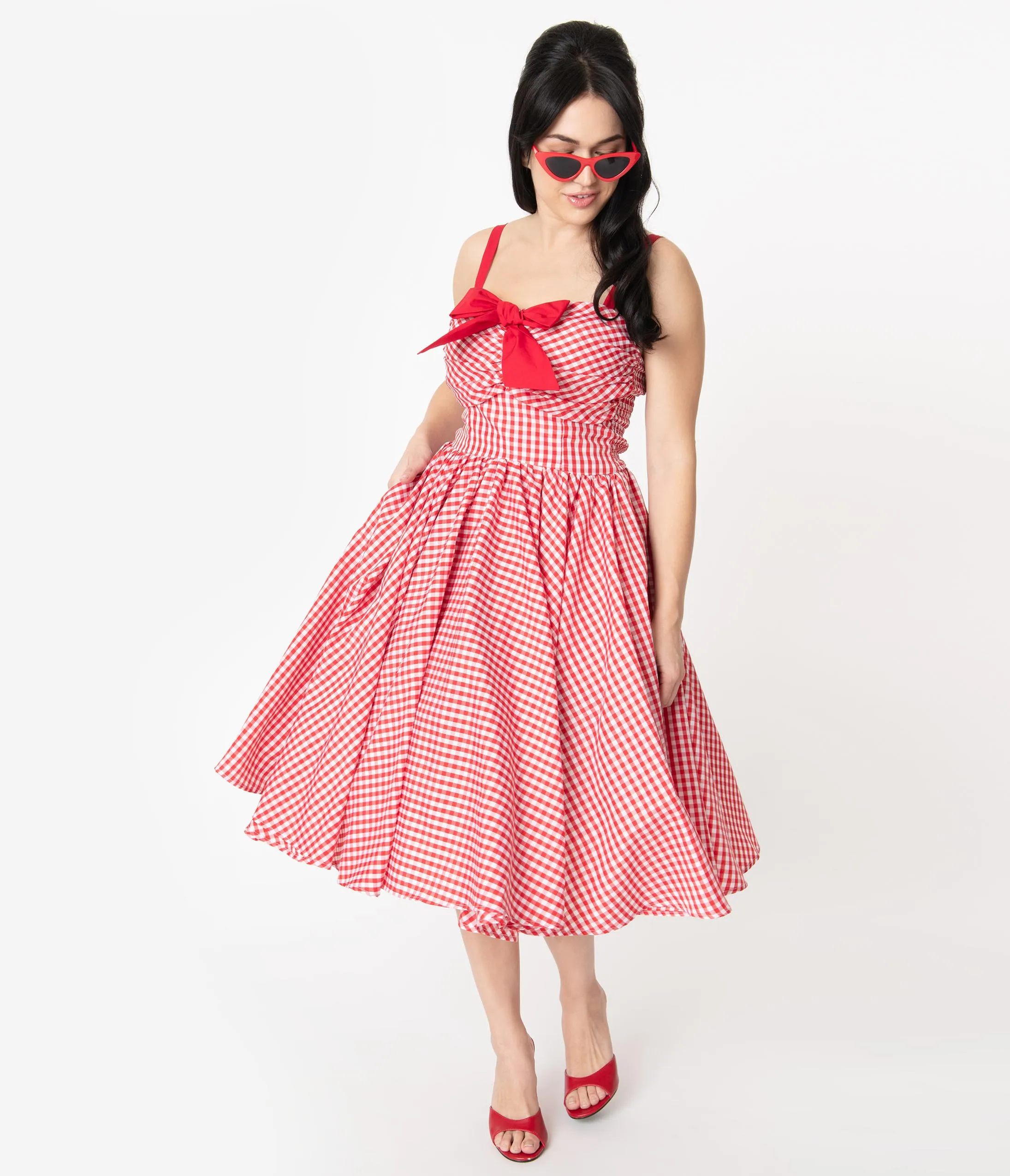 Unique Vintage 1950s Red Gingham Golightly Swing Dress