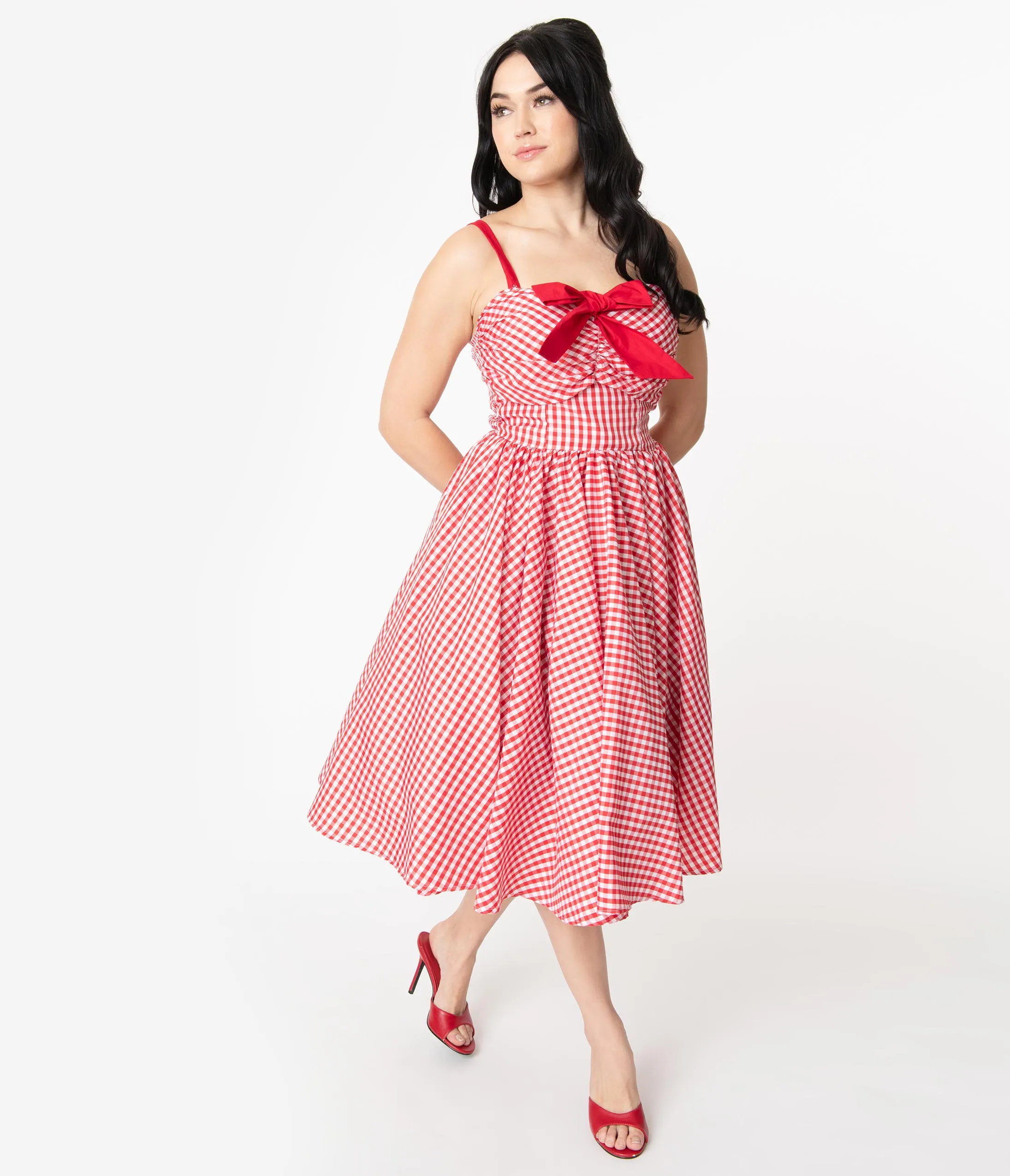 Unique Vintage 1950s Red Gingham Golightly Swing Dress