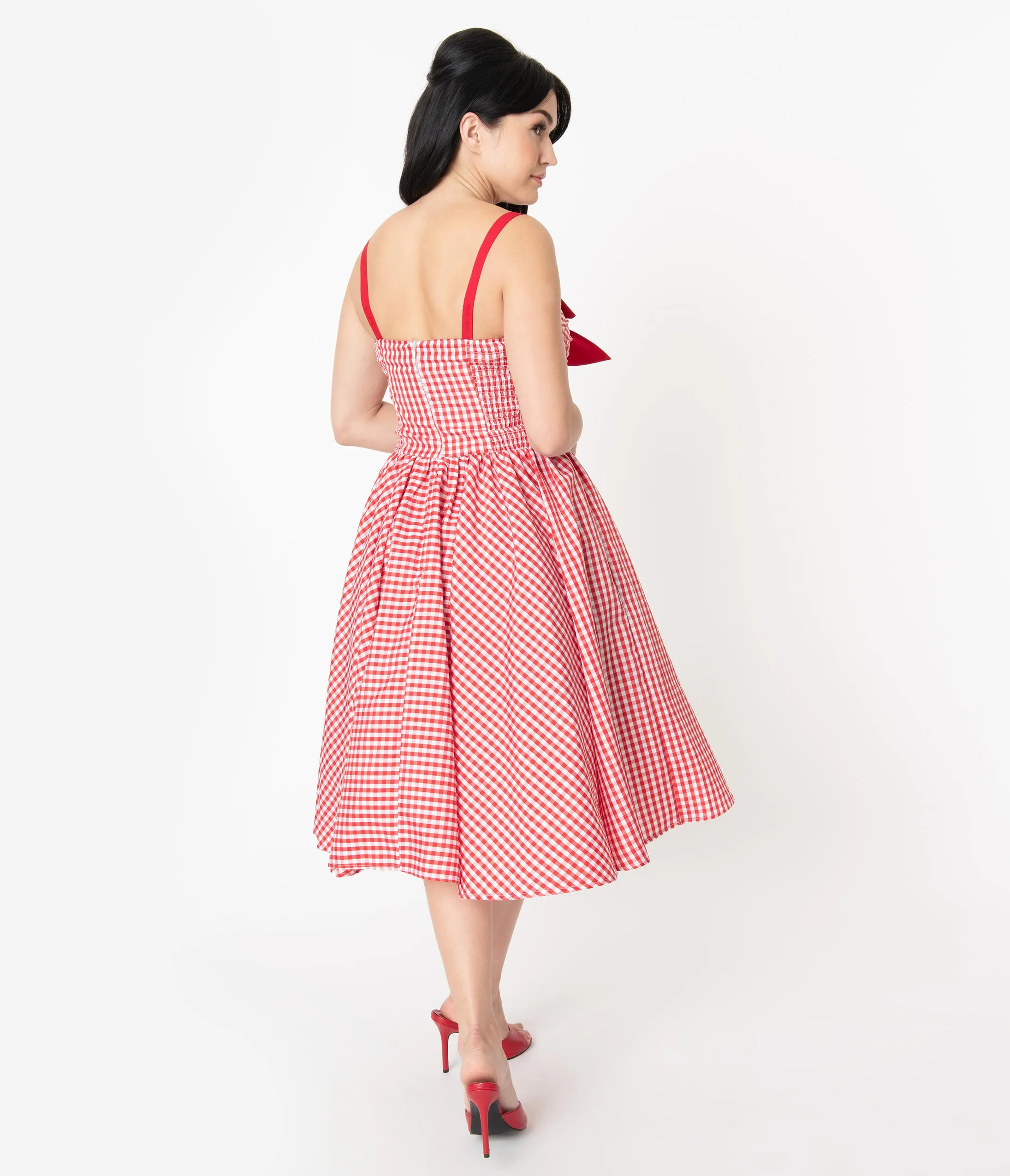 Unique Vintage 1950s Red Gingham Golightly Swing Dress